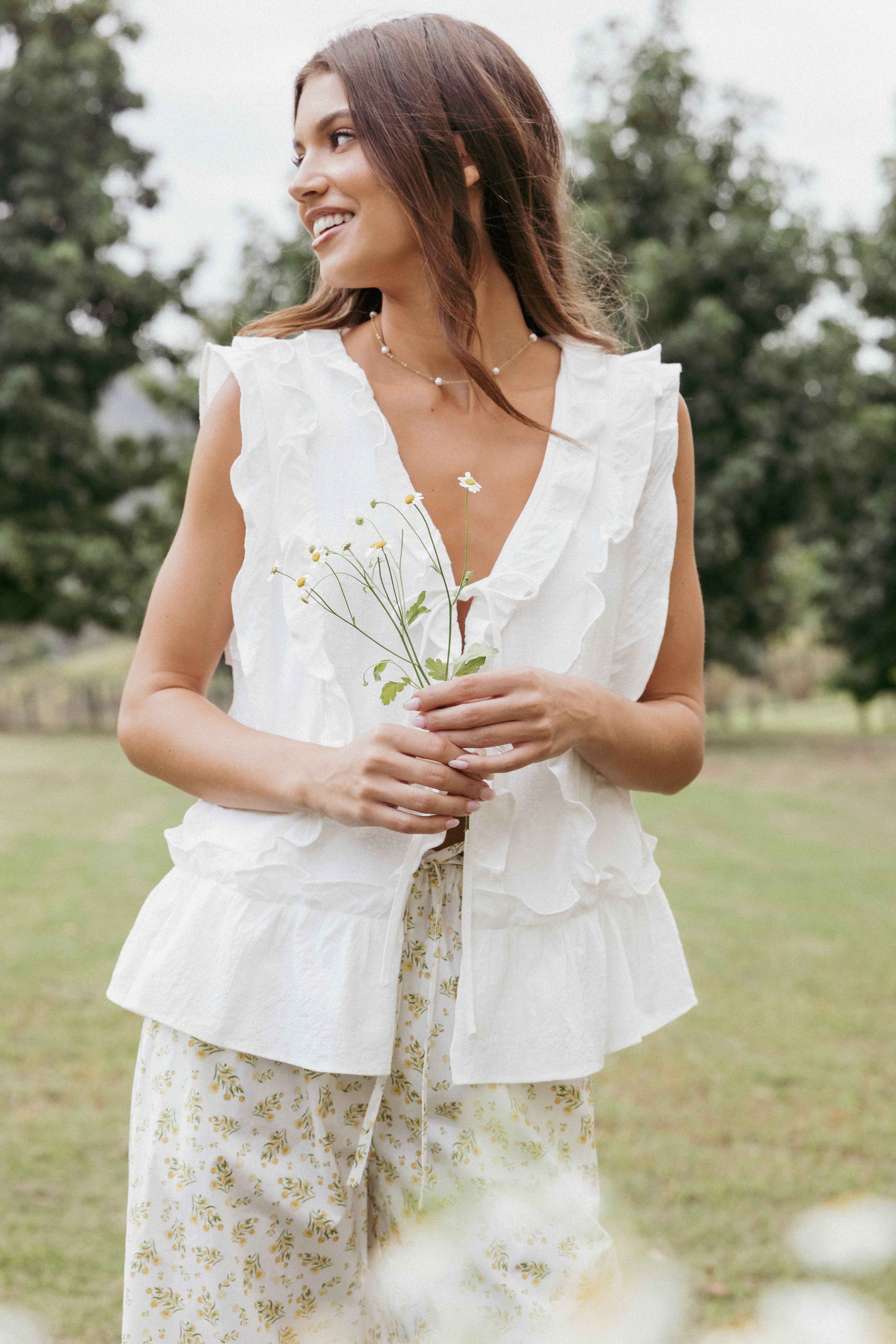 Athena White V-Neck Ruffle Blouse with Tie Front