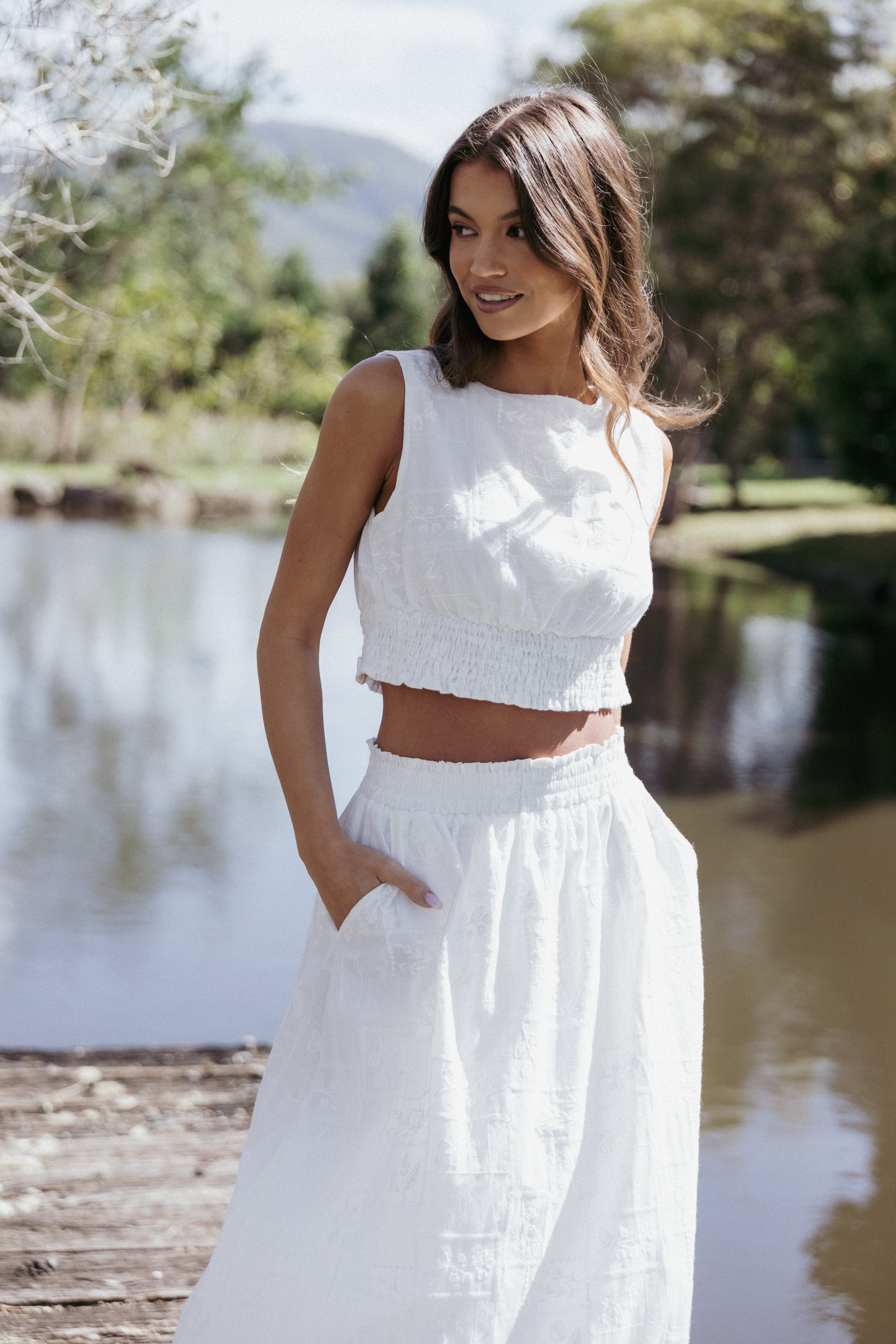 White Cotton Kimora Top - Cropped Sleeveless Blouse with Floral Embroidery