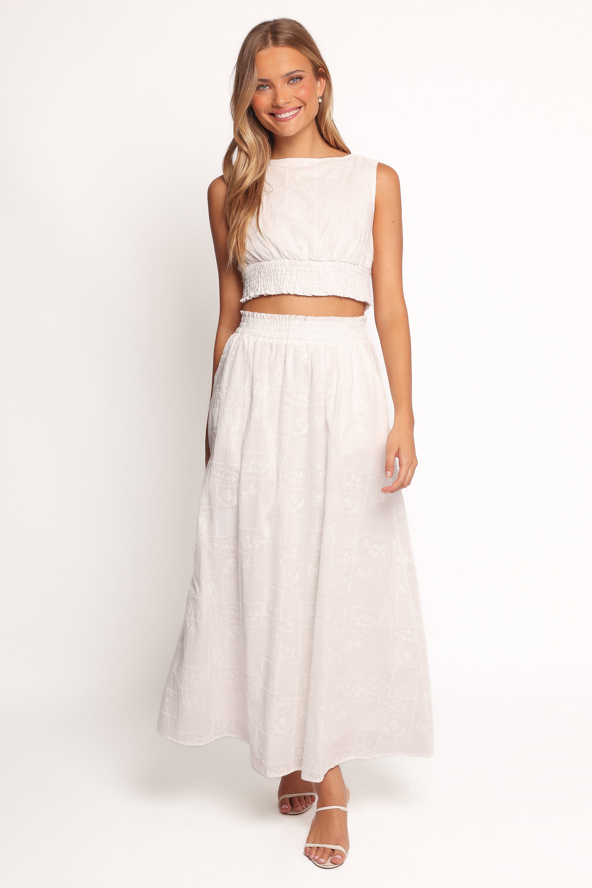 White Cotton Kimora Top - Cropped Sleeveless Blouse with Floral Embroidery