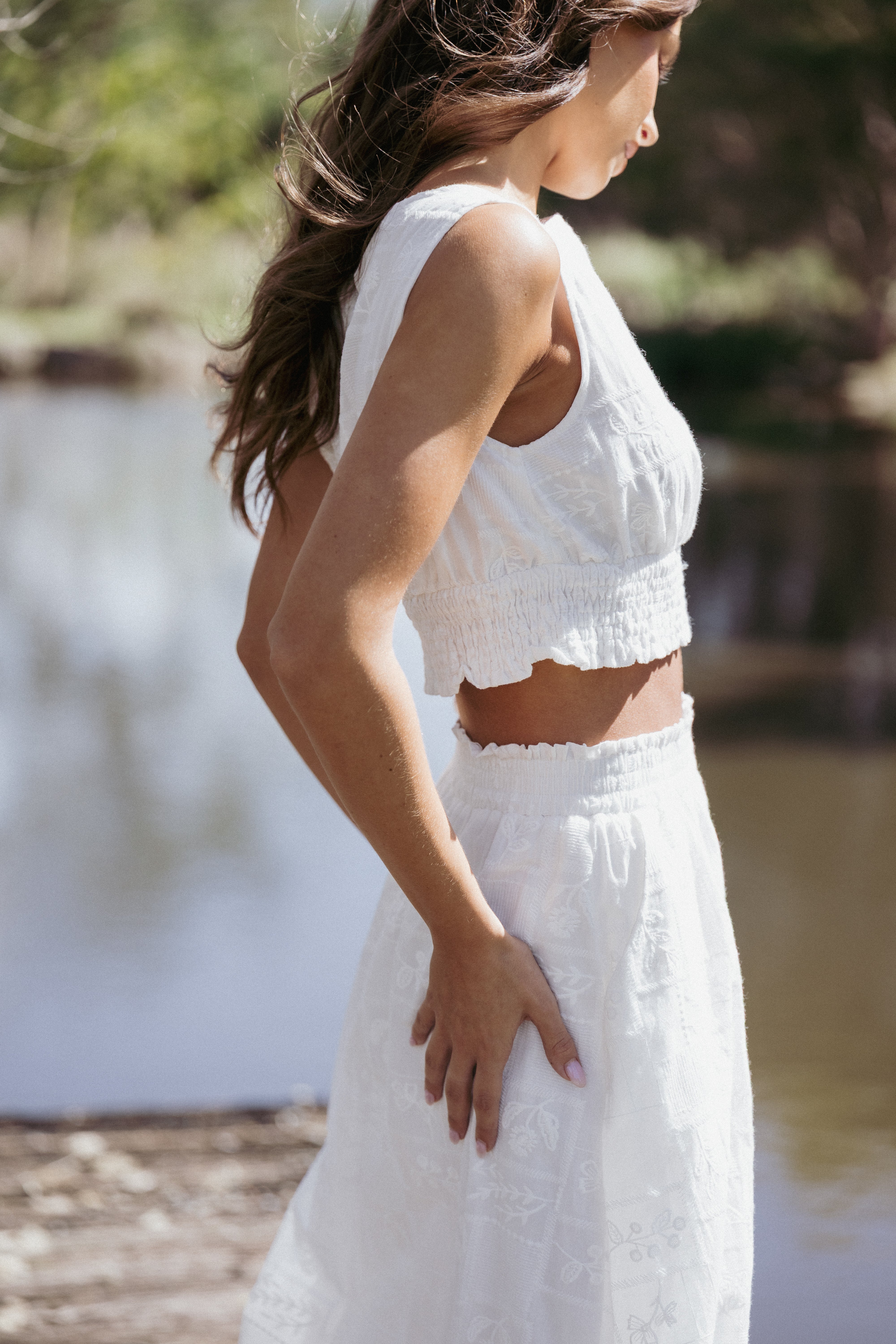 White Cotton Kimora Top - Cropped Sleeveless Blouse with Floral Embroidery