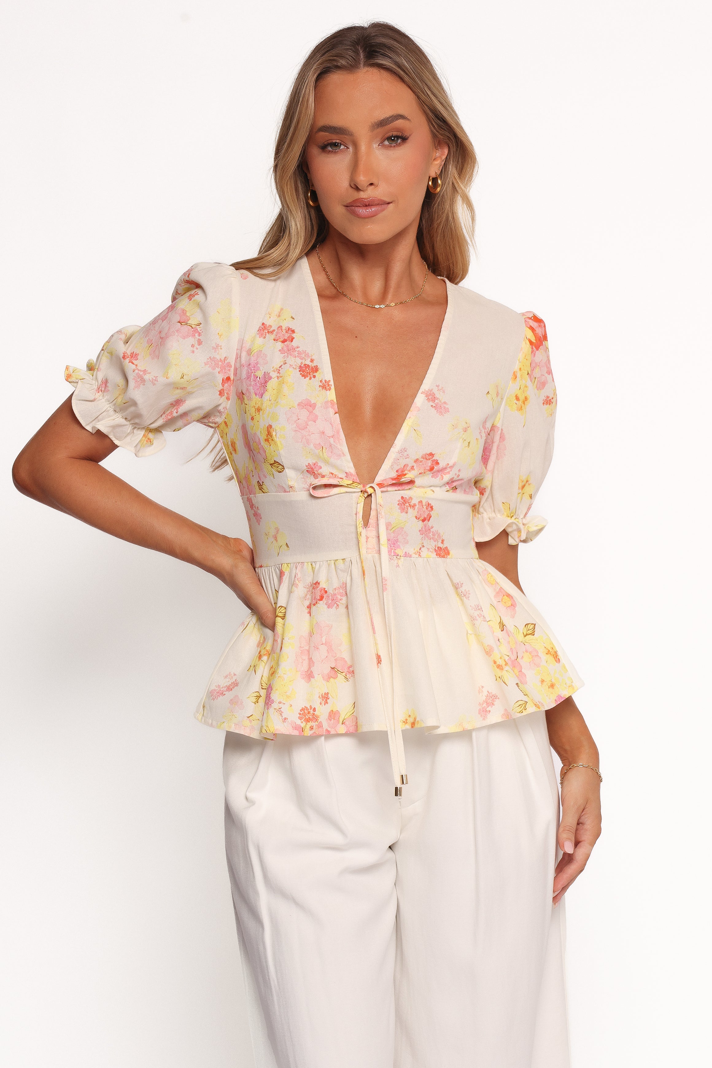 Pink Floral Duchess Top with V Neck & Peplum Hem