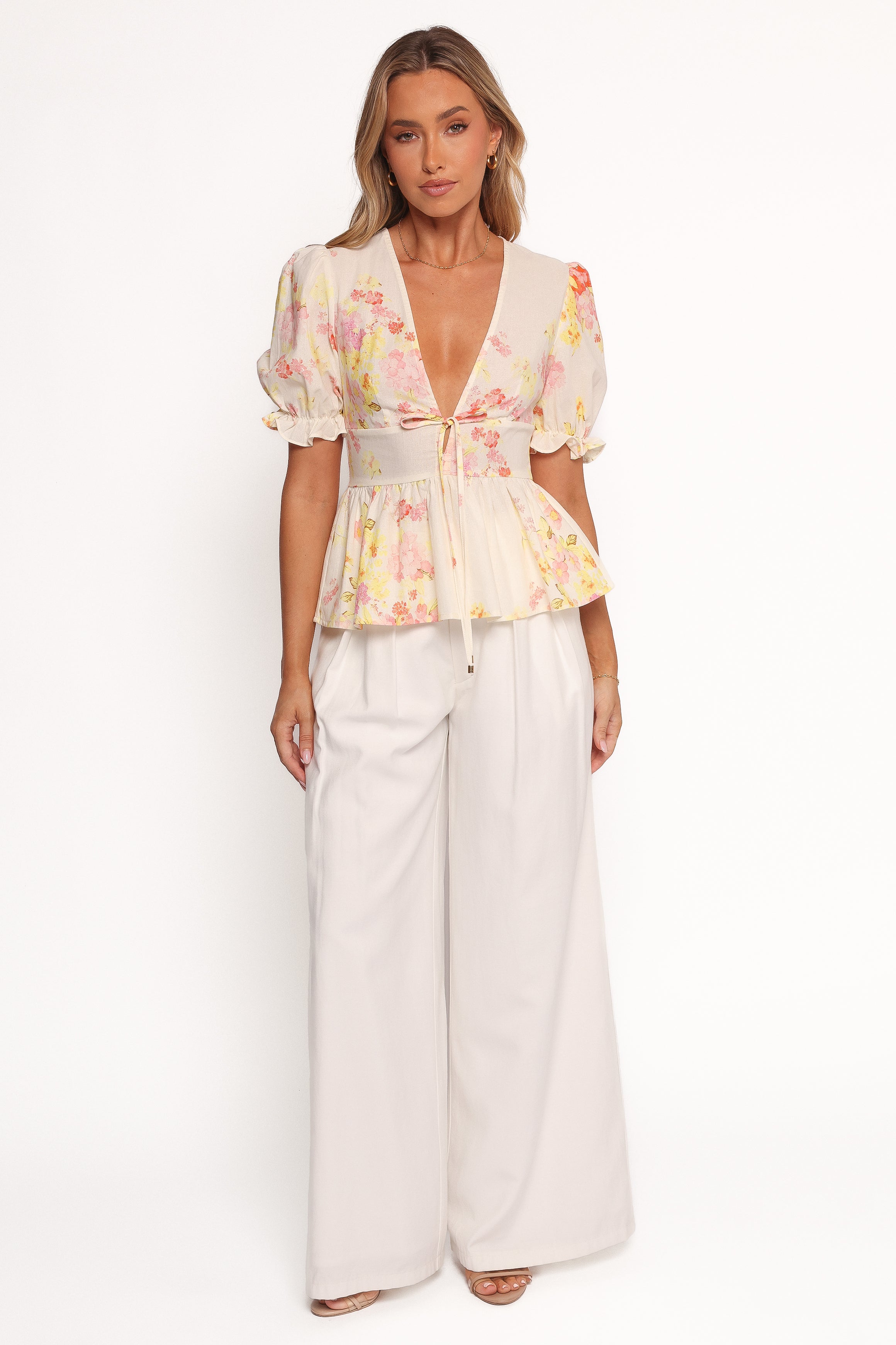 Pink Floral Duchess Top with V Neck & Peplum Hem