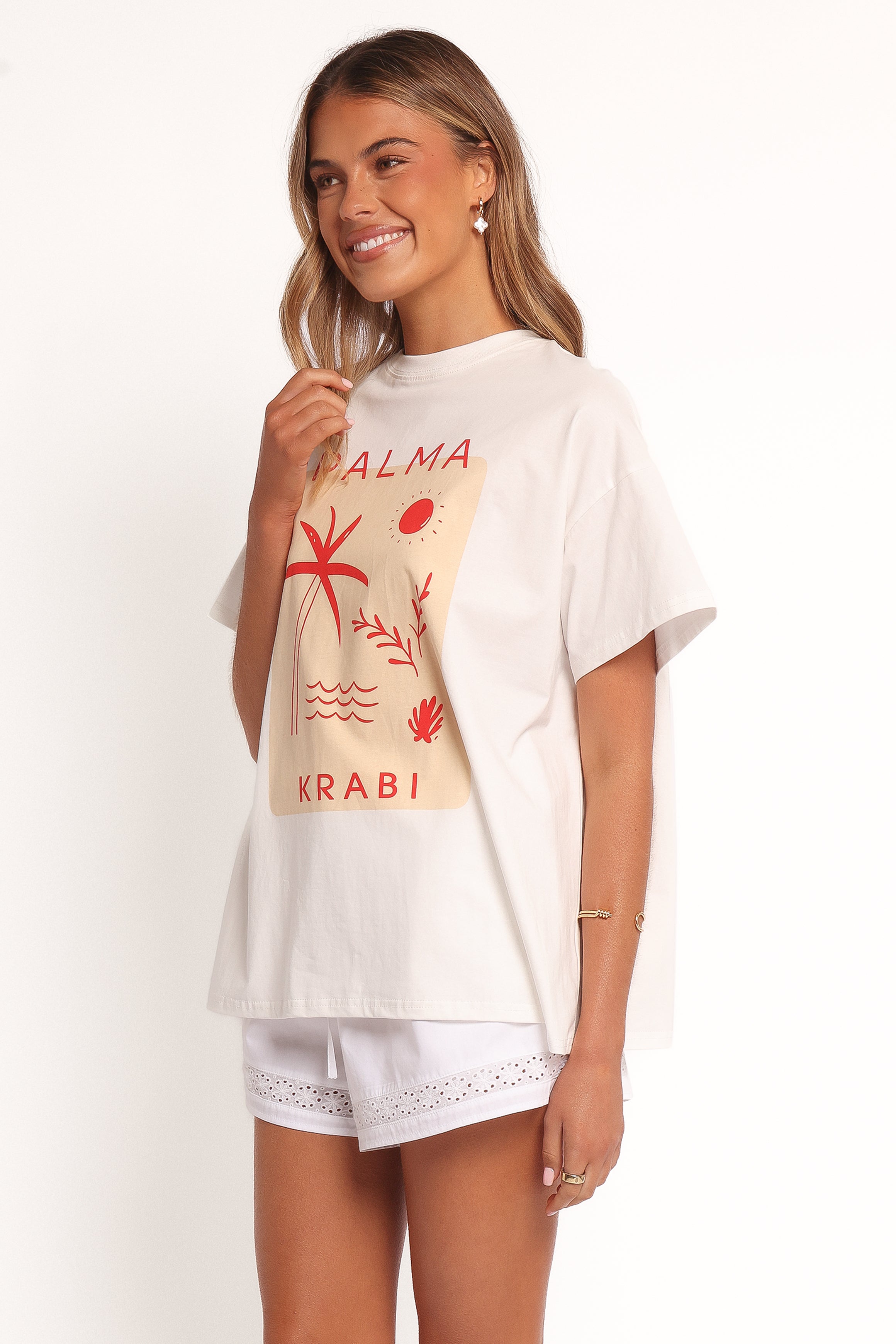 Oversized Cotton Graphic Tee - Krabi Beach White T-Shirt