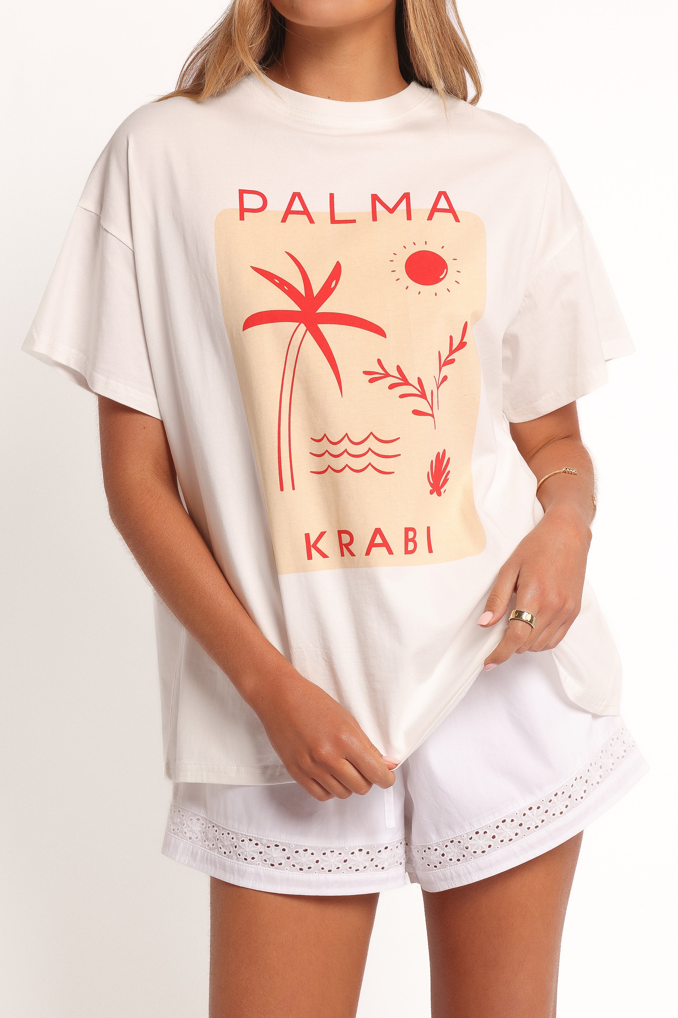 Oversized Cotton Graphic Tee - Krabi Beach White T-Shirt