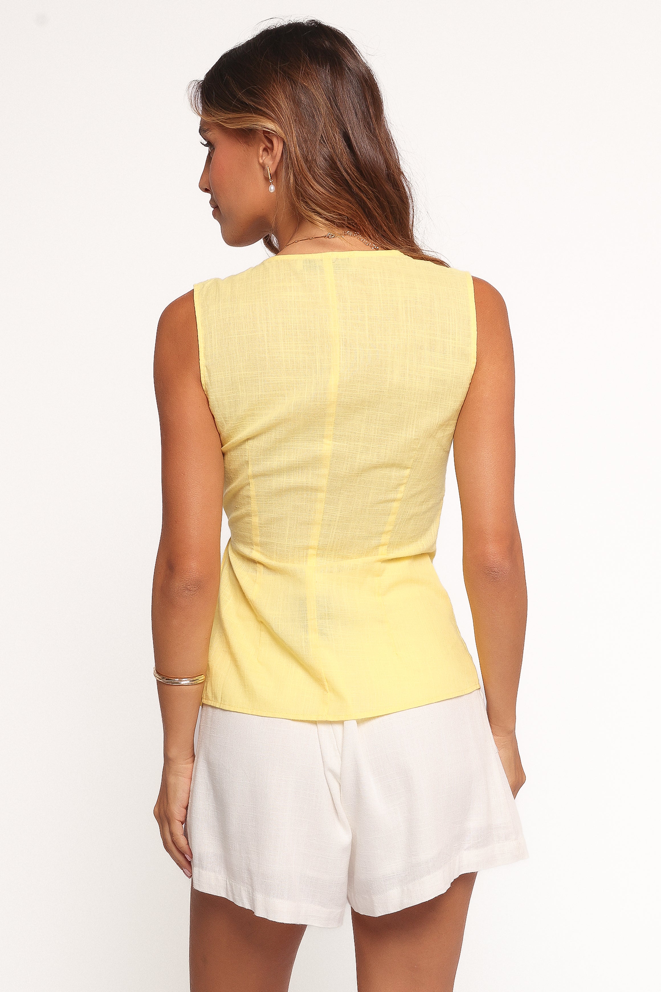 Vanni Women's Linen Wrap Top - Yellow Sleeveless V-Neck