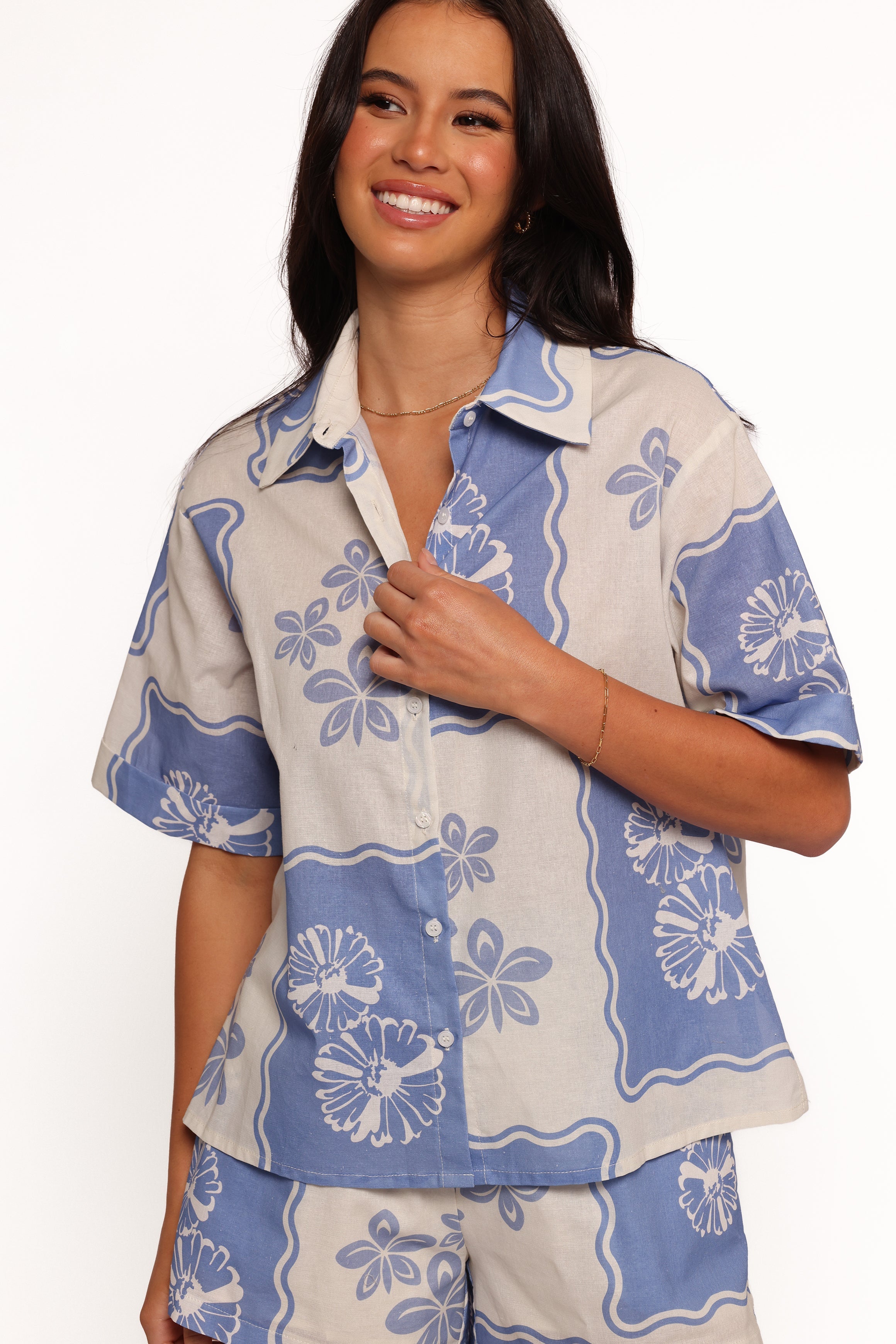 Blue Dahlia Floral Print Short Sleeve Shirt - Linen Rayon Blend