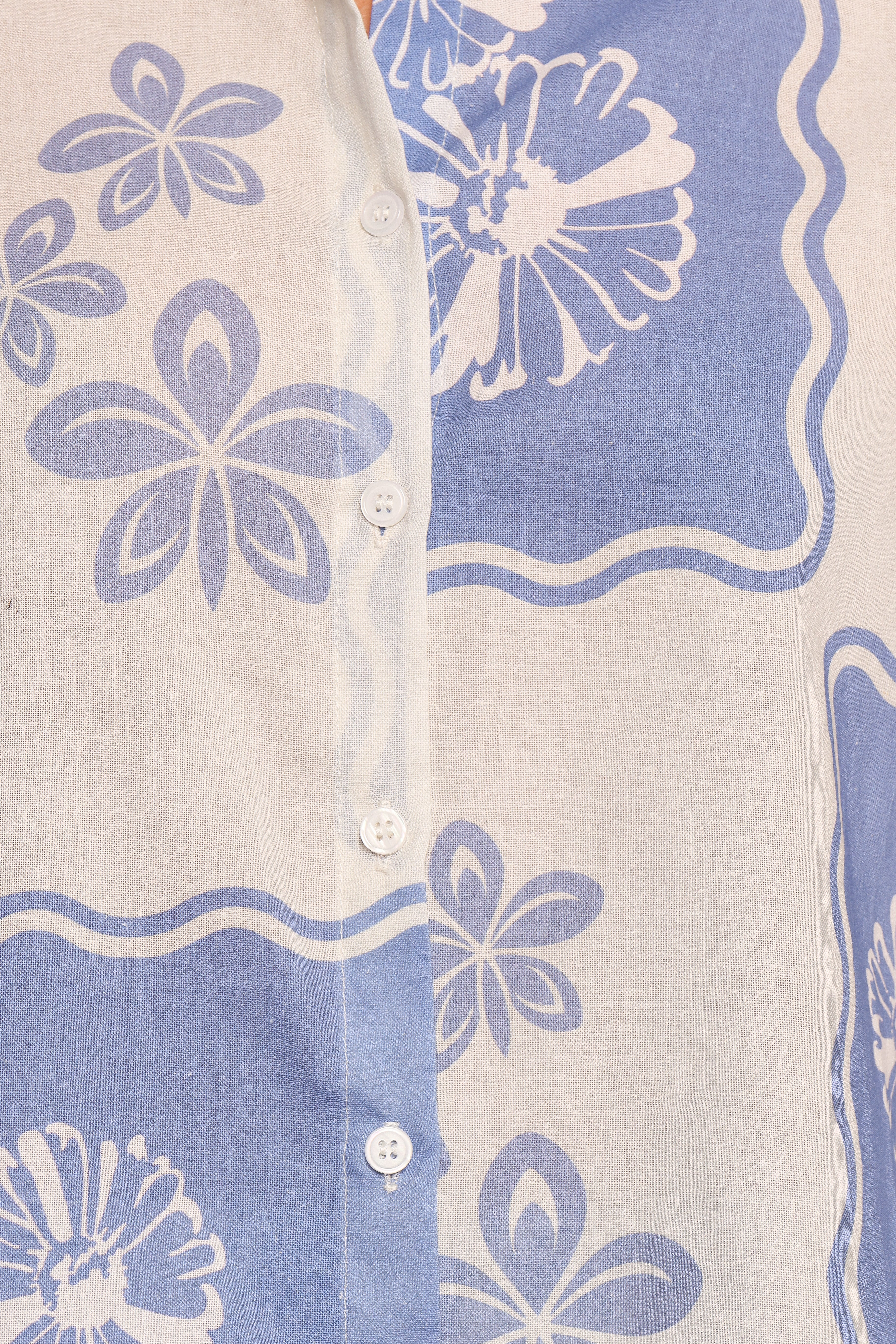 Blue Dahlia Floral Print Short Sleeve Shirt - Linen Rayon Blend