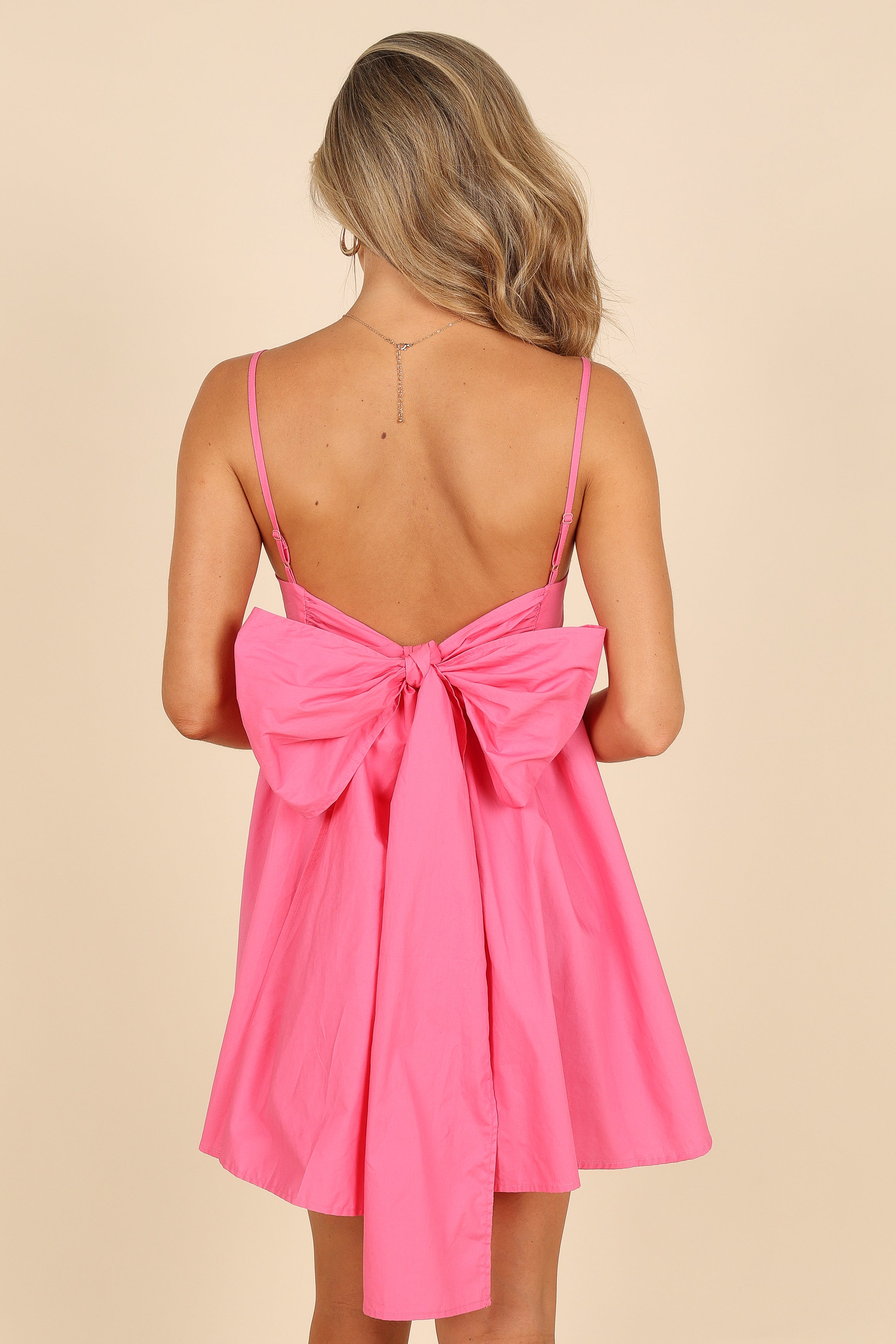 Hot Pink Babydoll Mini Dress with Back Bow Tie - Alice