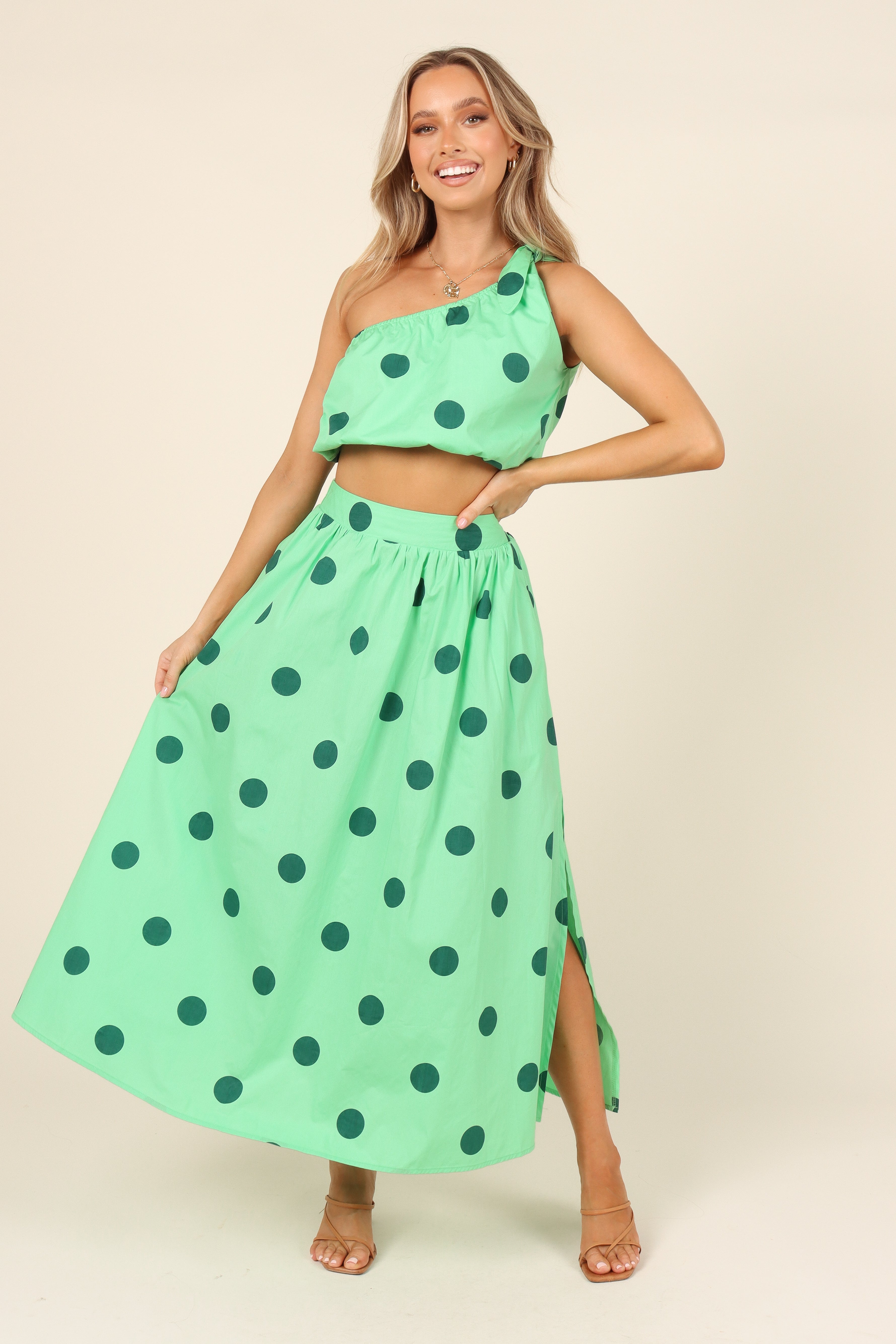 Green Spot One Shoulder Crop Top - Phillipa 100% Cotton Summer Top