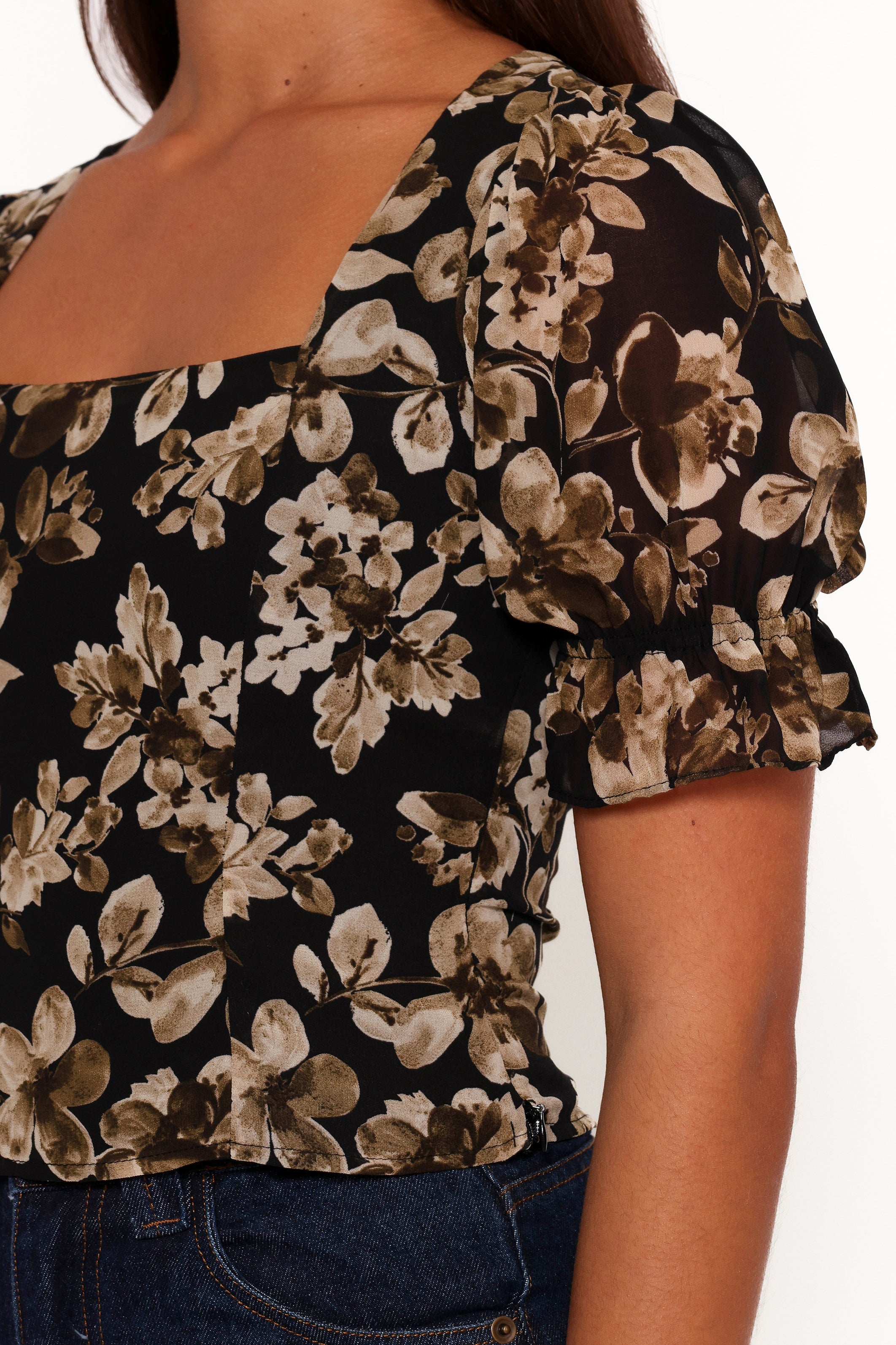Floral Square Neck Cropped Top - Lucie Midnight Taupe Blouse