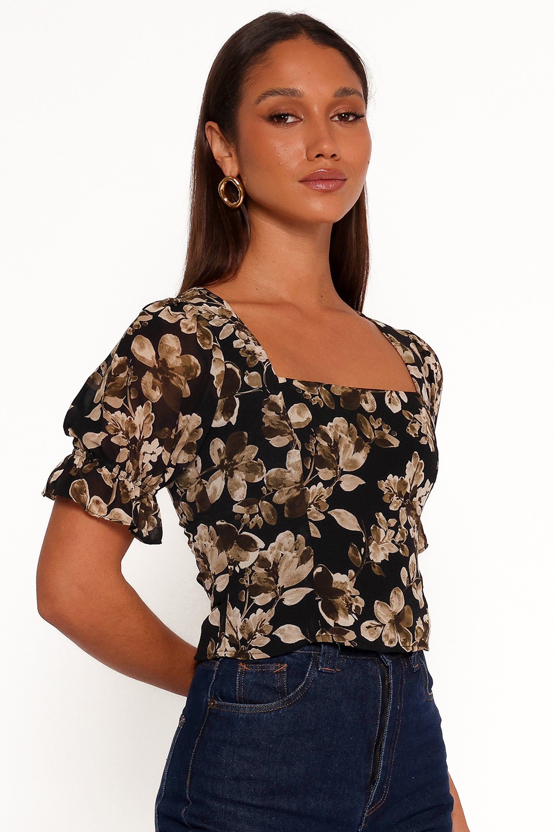 Floral Square Neck Cropped Top - Lucie Midnight Taupe Blouse