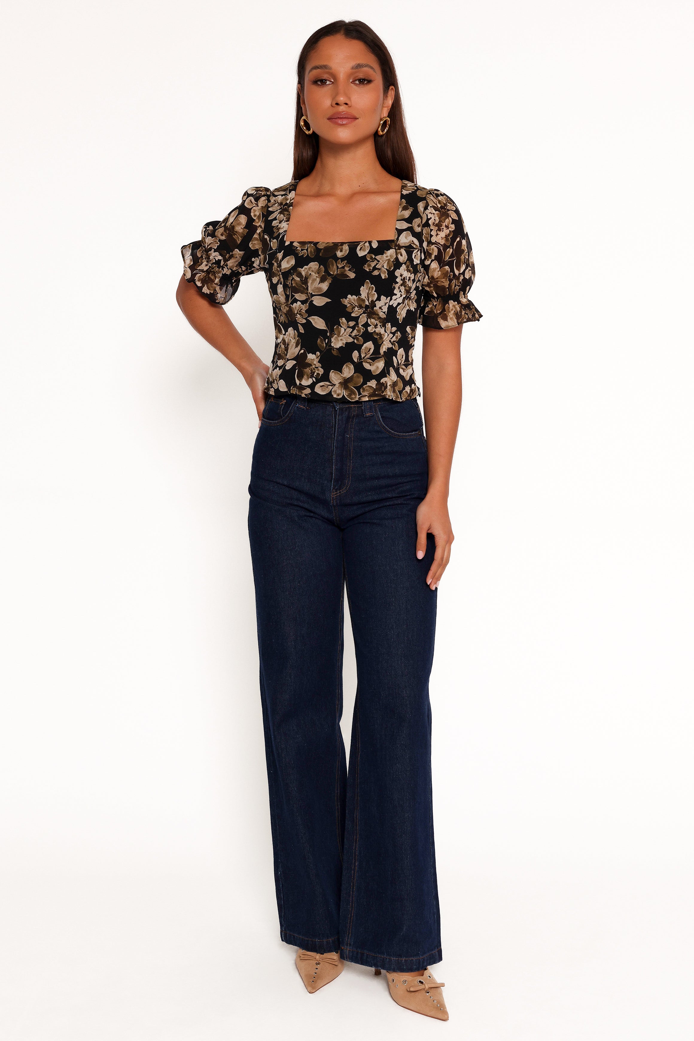Floral Square Neck Cropped Top - Lucie Midnight Taupe Blouse