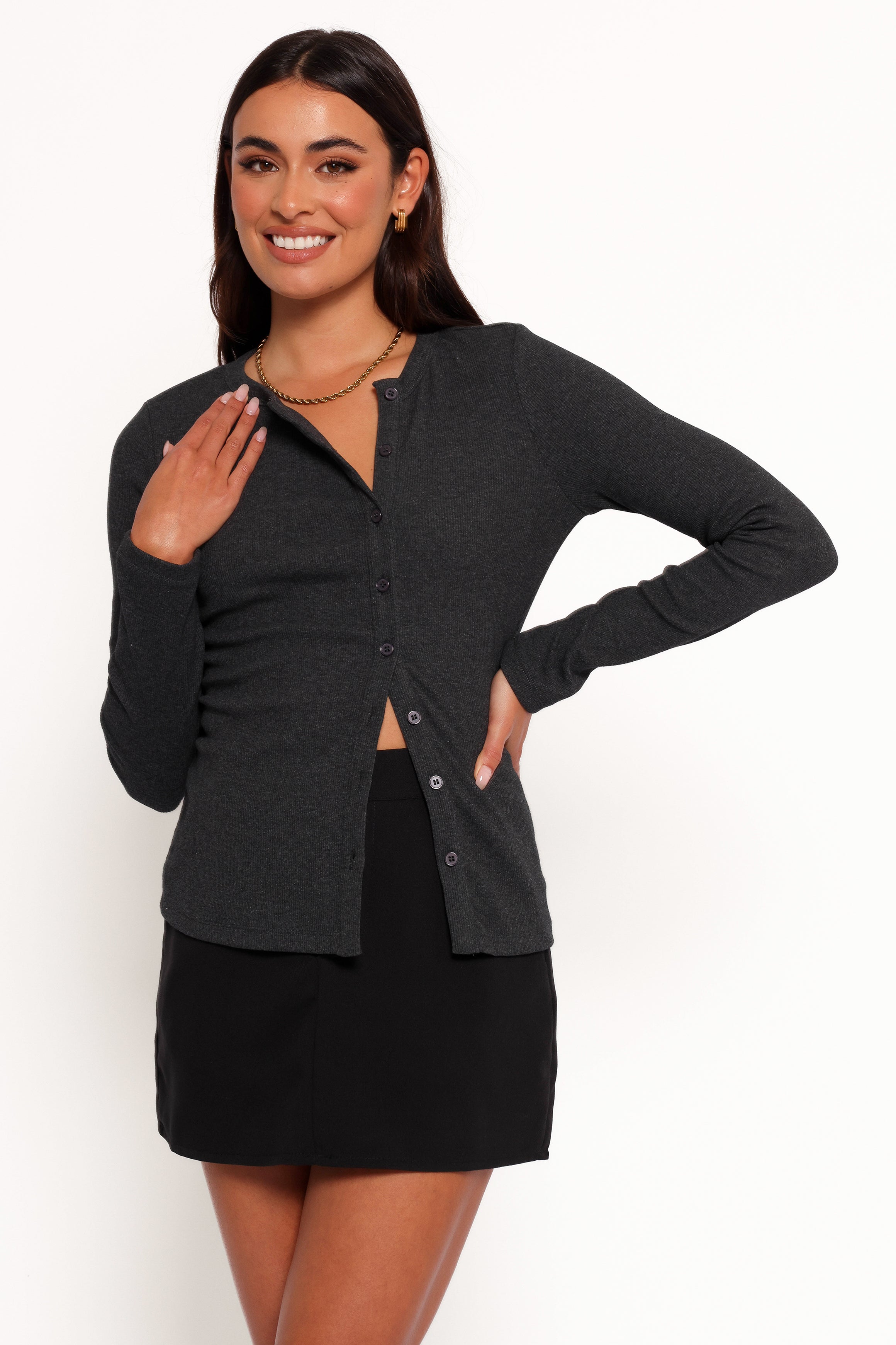 Women's Charcoal Ribbed Knit Button-Down Top - Jessa