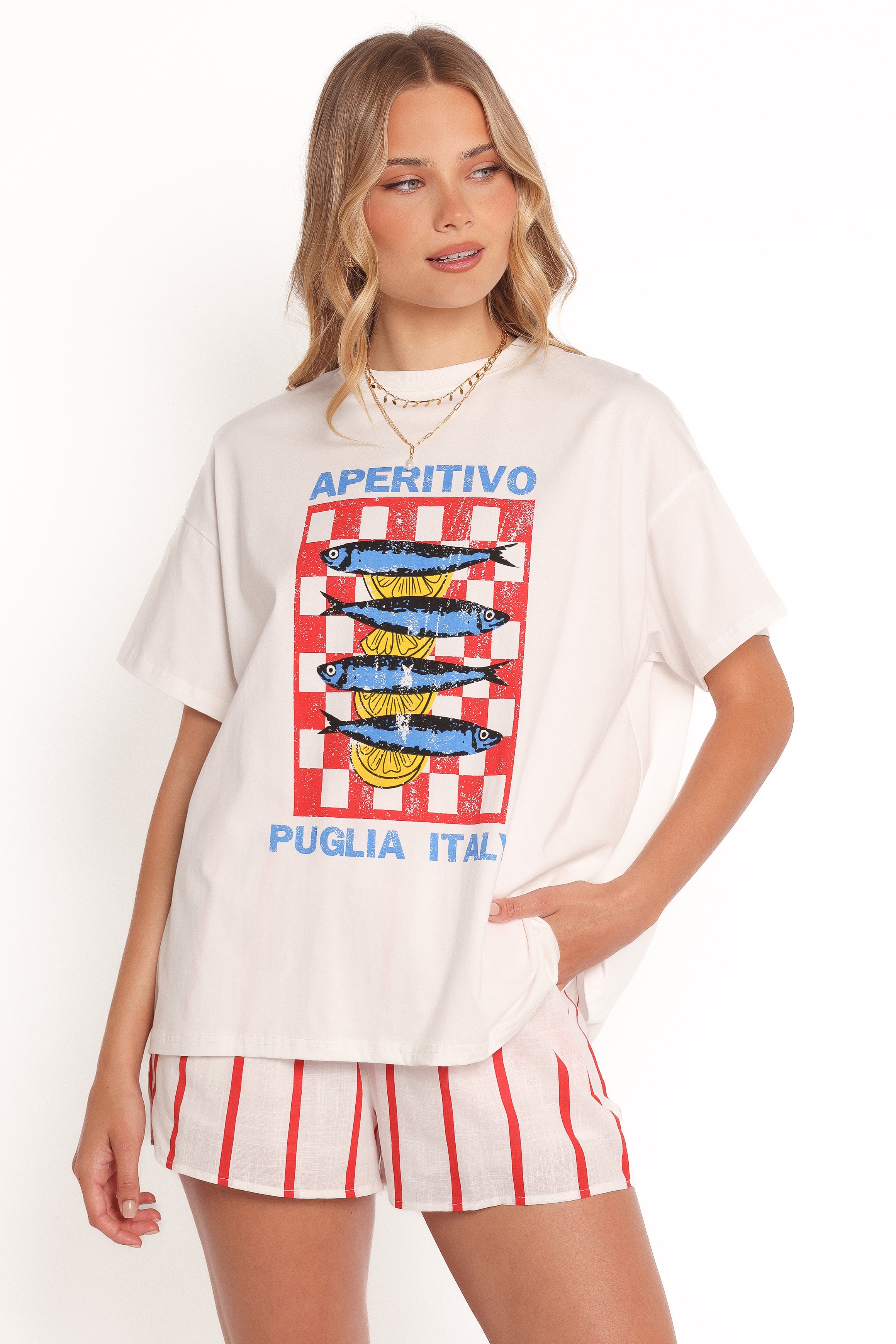 Women's Cotton Aperitivo Tee & Shorts Set - White & Red Striped
