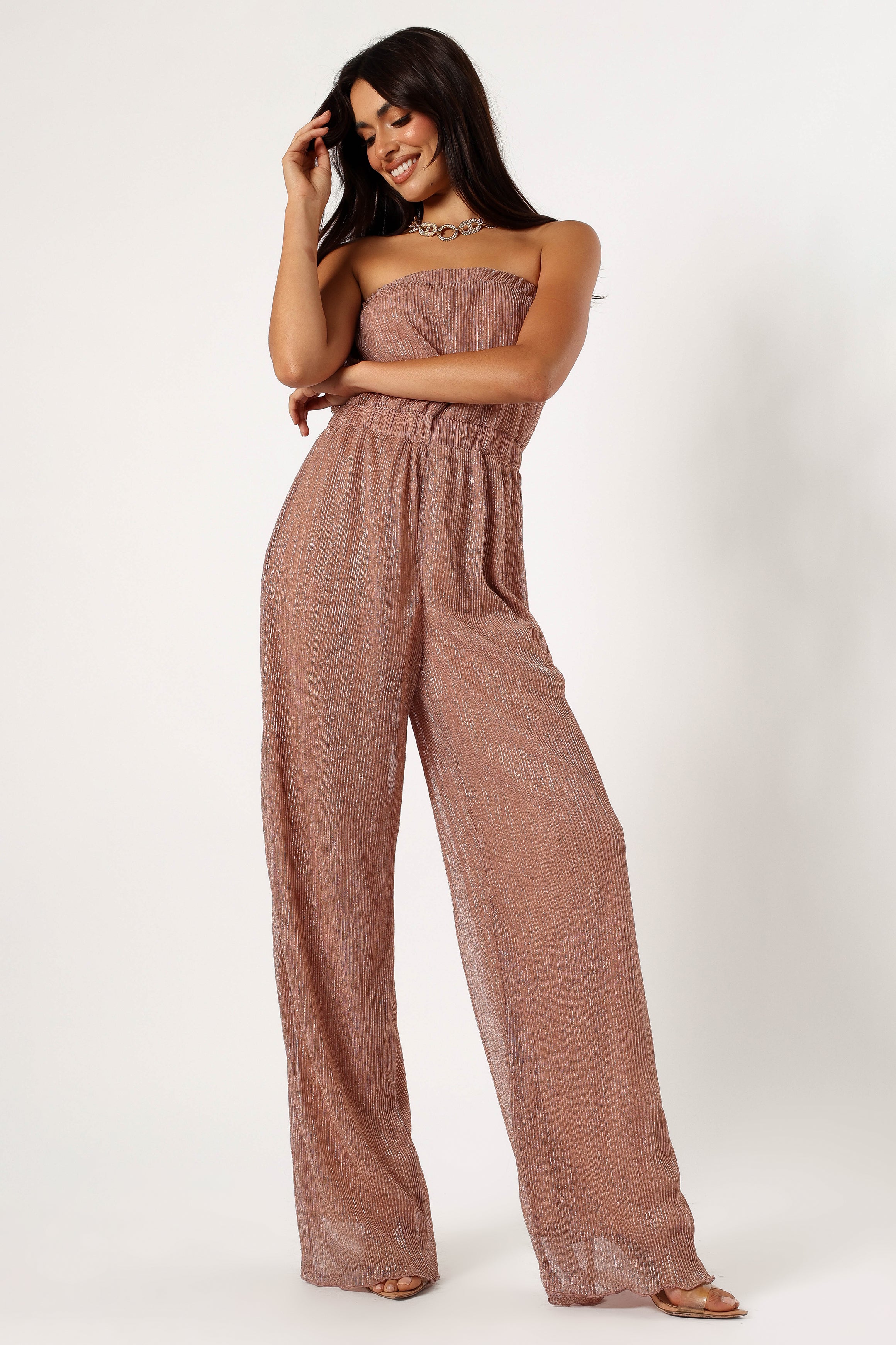 Rose Gold Strapless Jumpsuit - Pleated Plisse Wide Leg Design