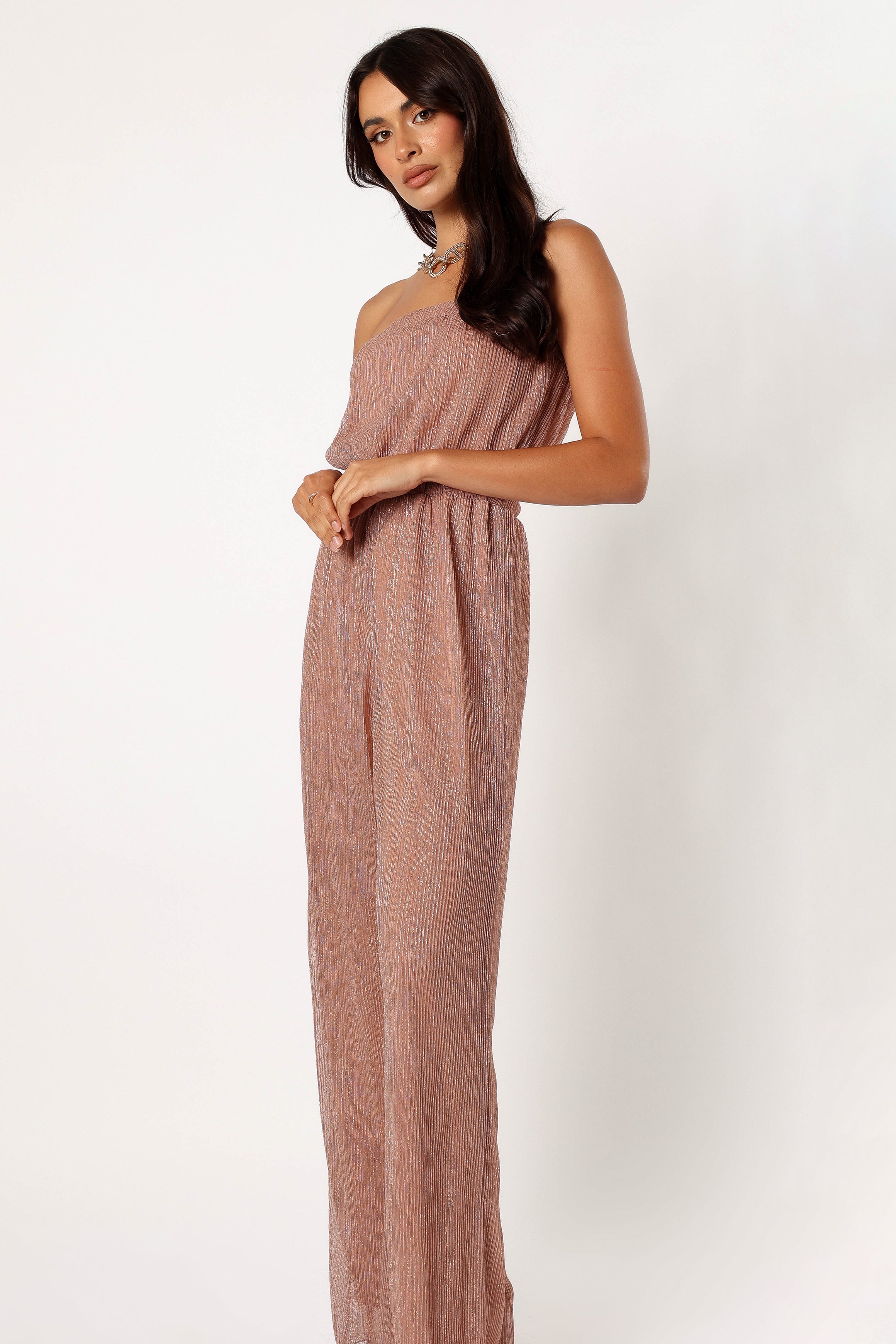 Rose Gold Strapless Jumpsuit - Pleated Plisse Wide Leg Design