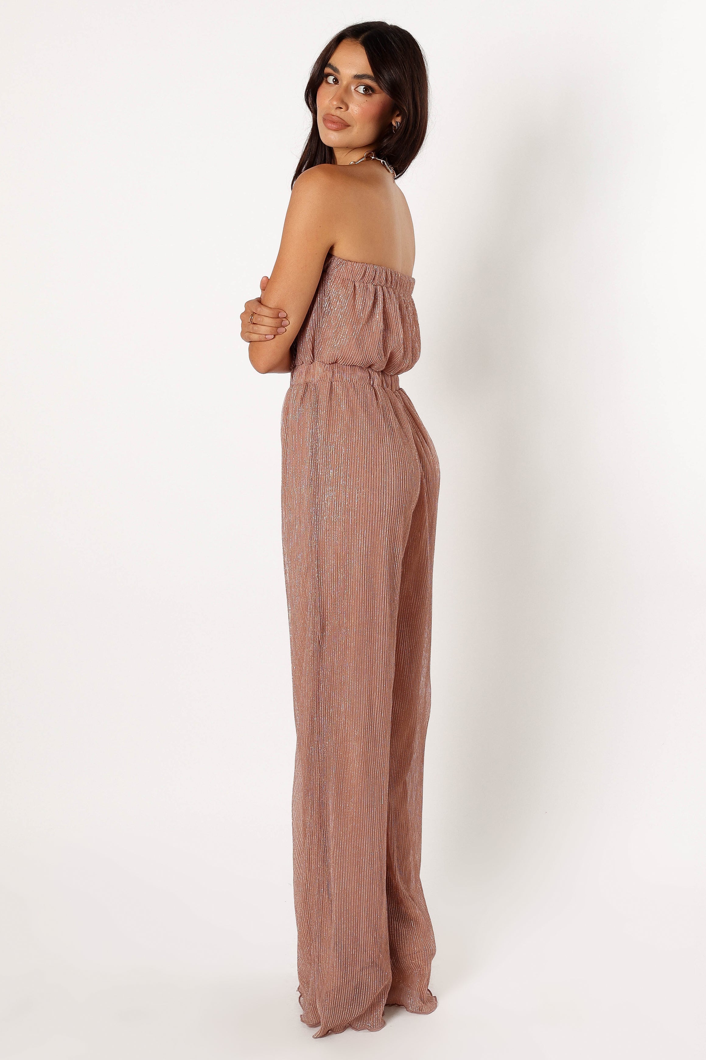 Rose Gold Strapless Jumpsuit - Pleated Plisse Wide Leg Design