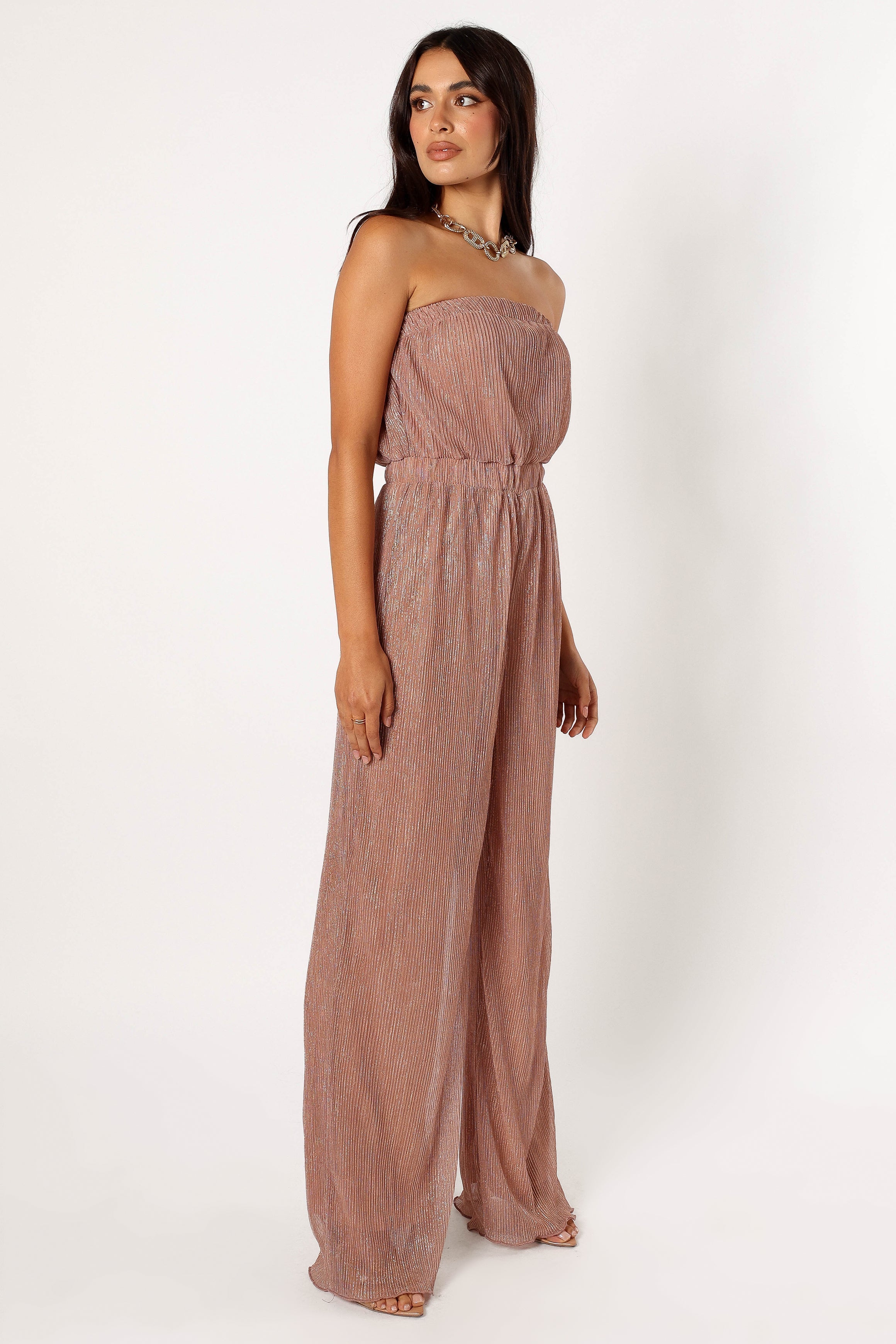 Rose Gold Strapless Jumpsuit - Pleated Plisse Wide Leg Design