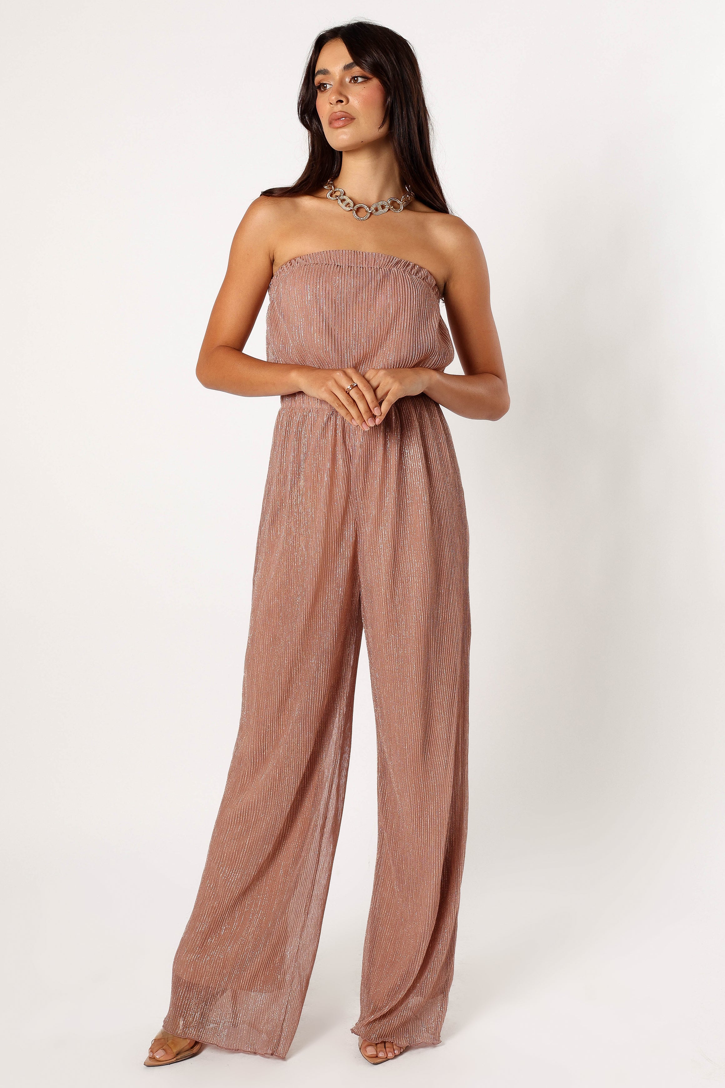 Rose Gold Strapless Jumpsuit - Pleated Plisse Wide Leg Design