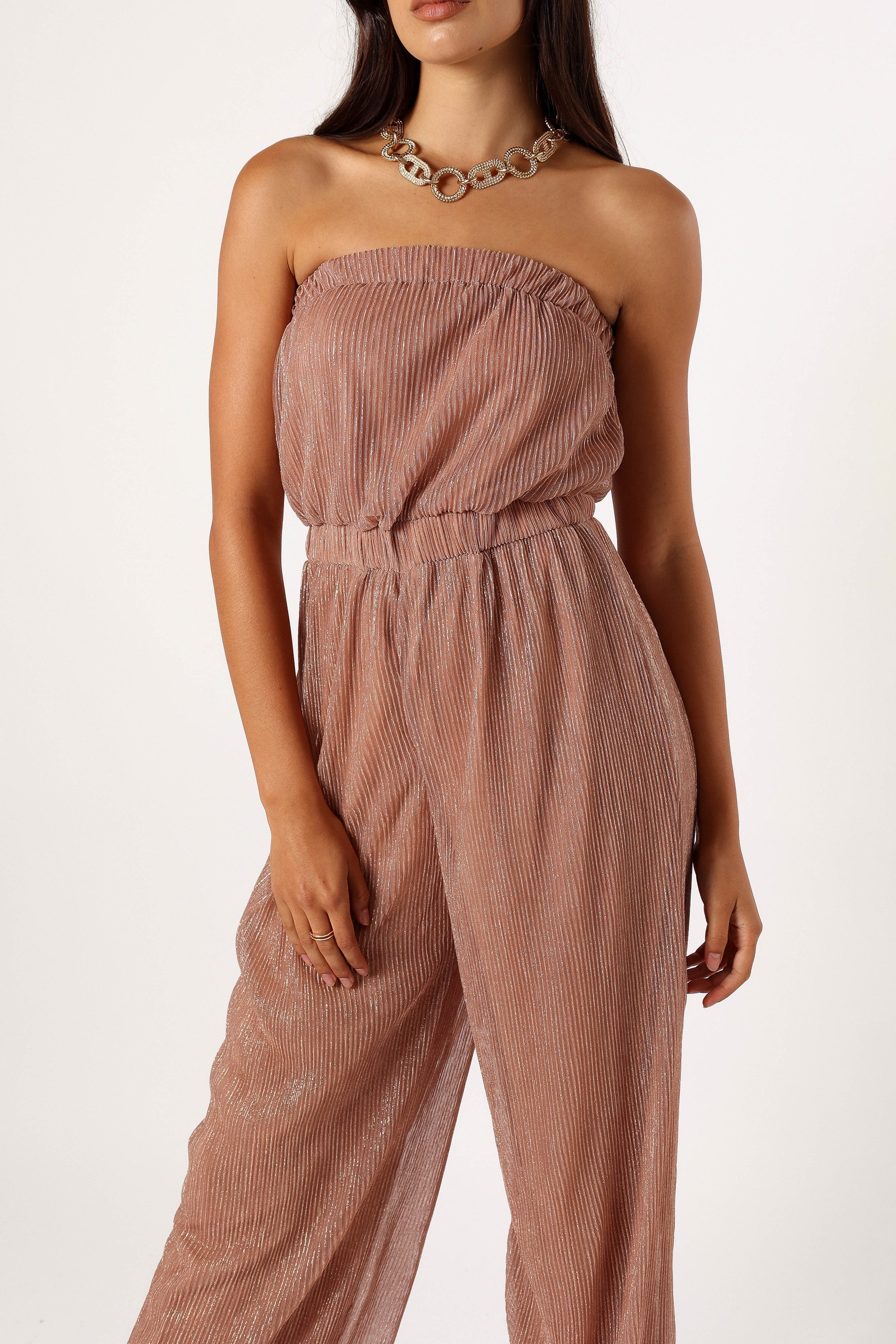 Rose Gold Strapless Jumpsuit - Pleated Plisse Wide Leg Design