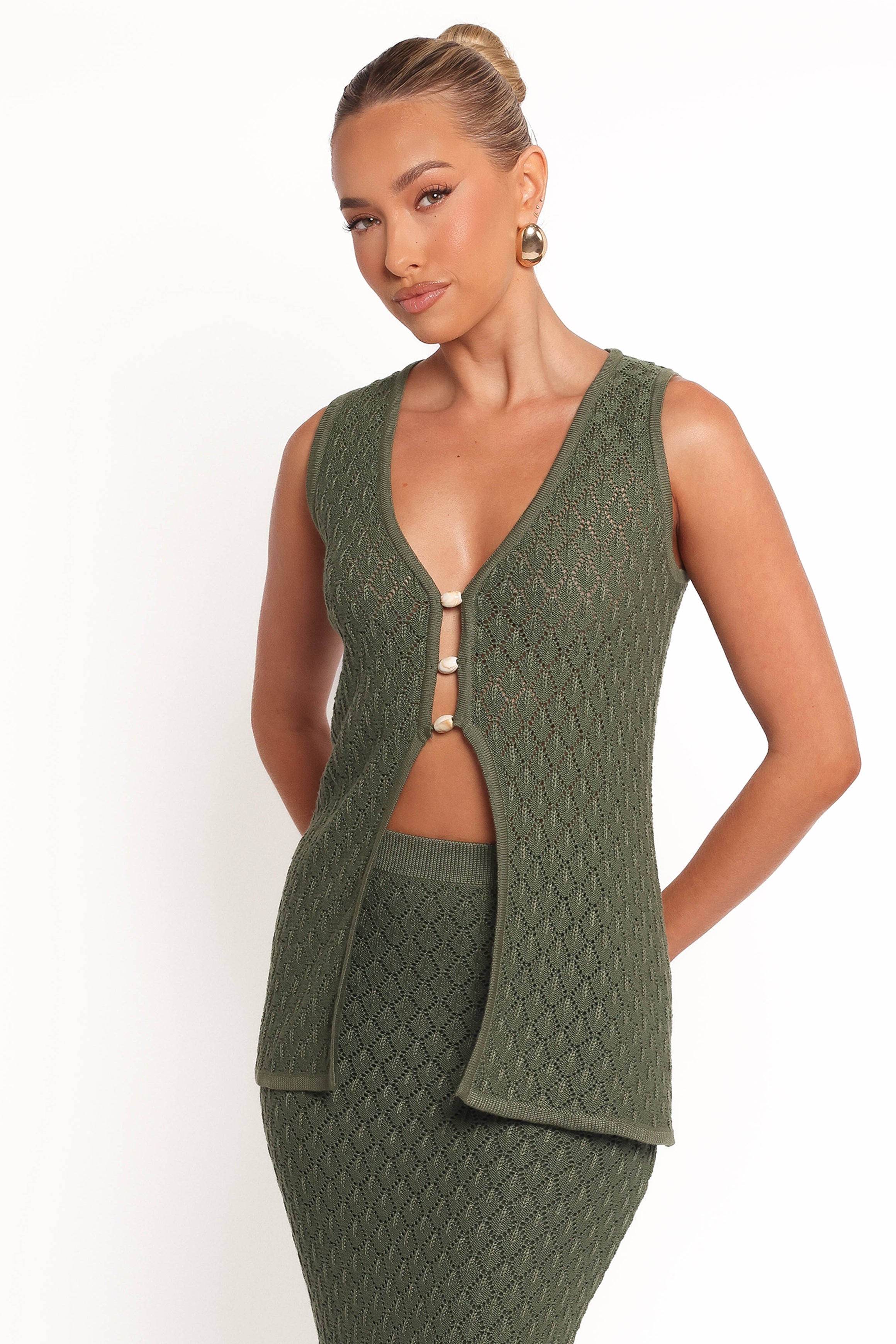 Asplie Olive V-Neck Knit Top with Bead Detail