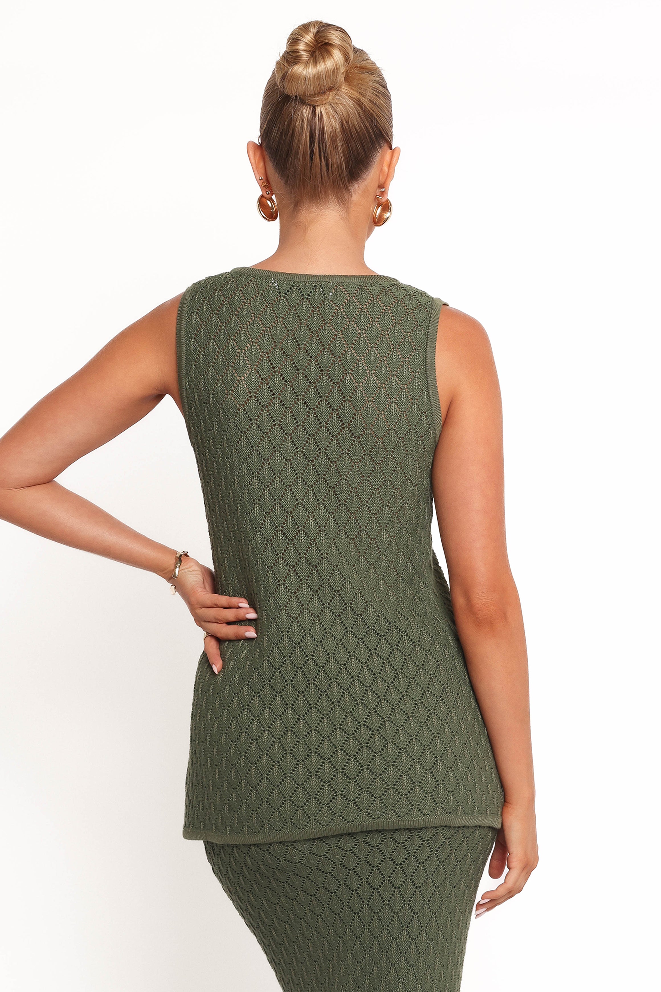 Asplie Olive V-Neck Knit Top with Bead Detail