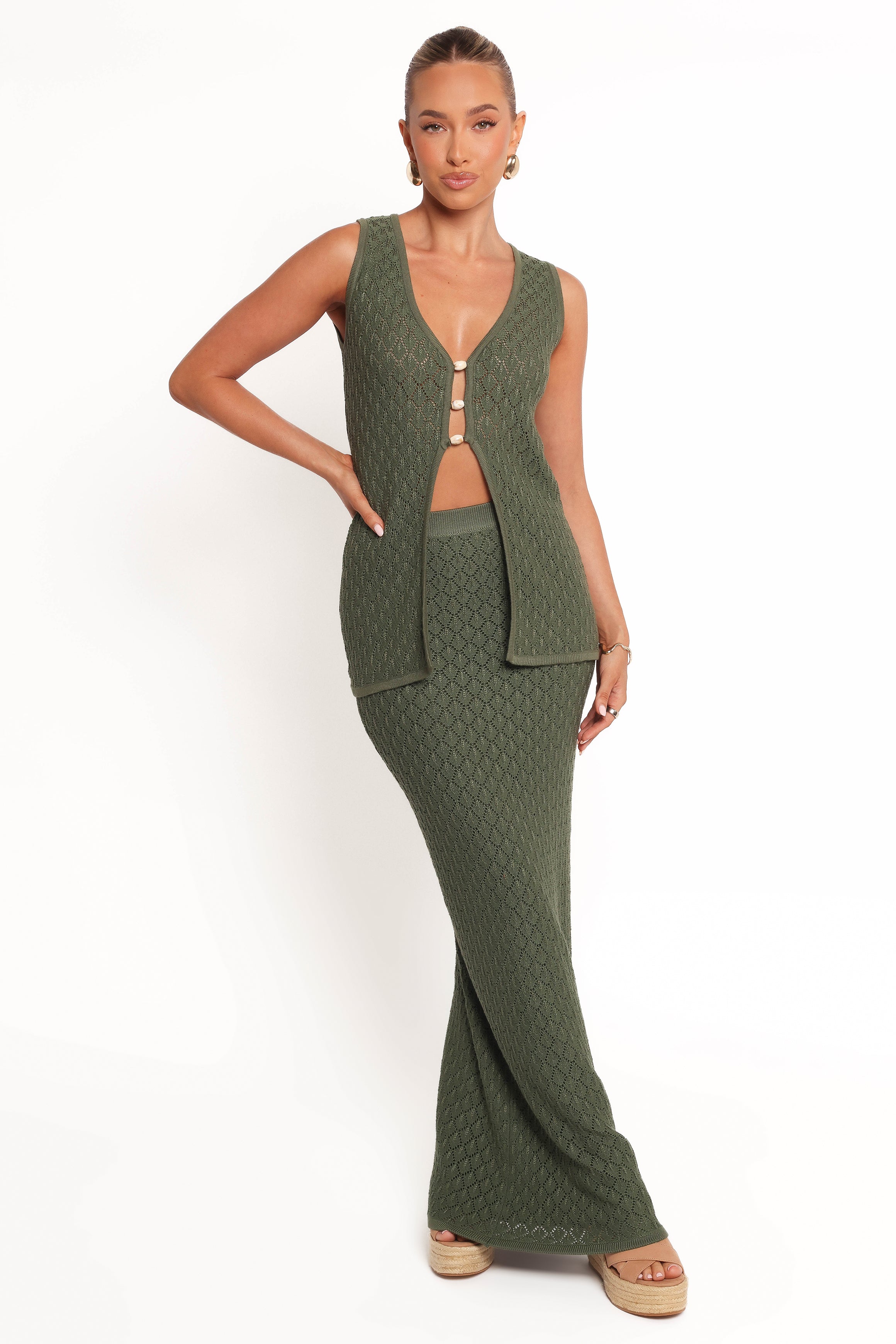 Asplie Olive V-Neck Knit Top with Bead Detail