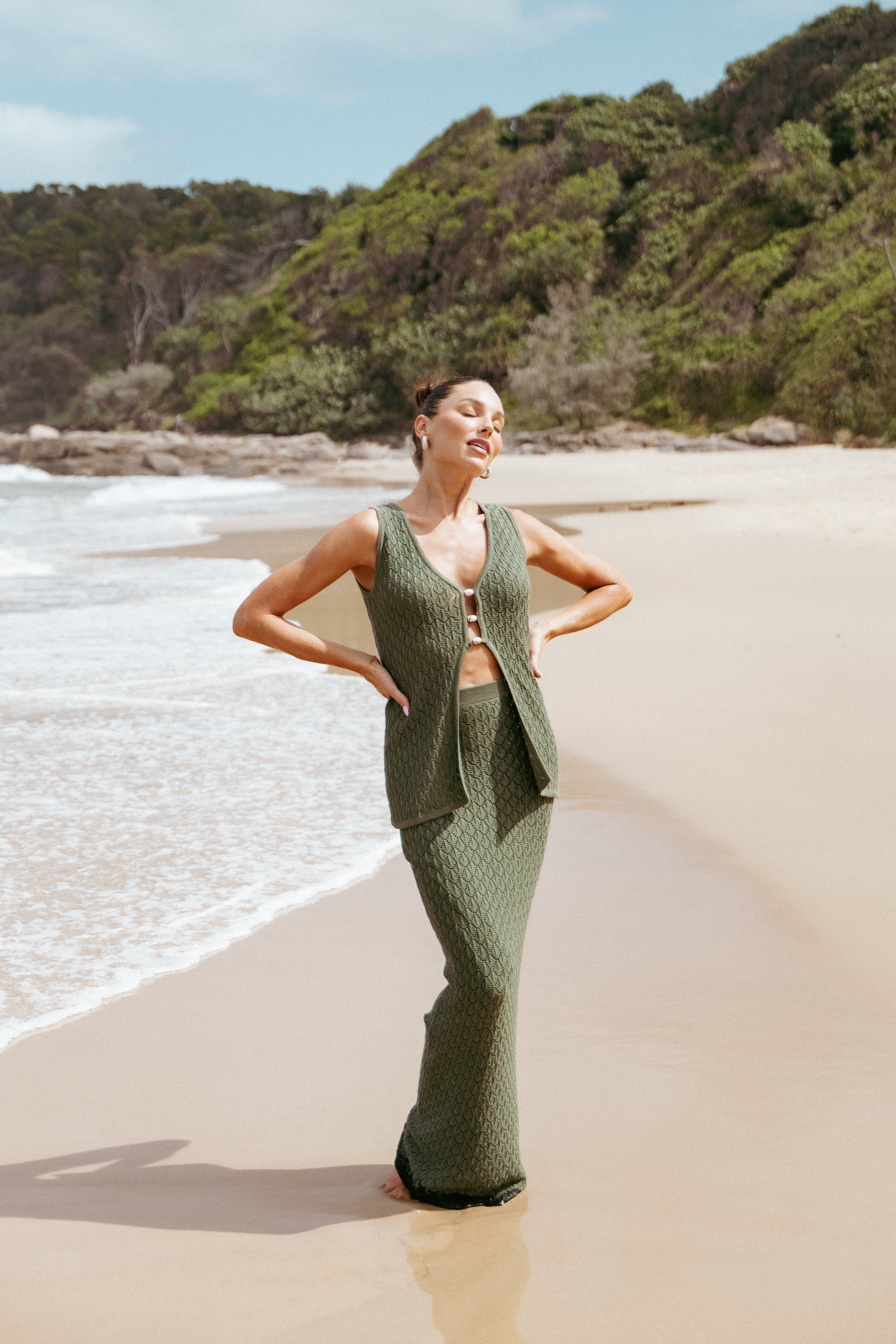 Asplie Olive V-Neck Knit Top with Bead Detail