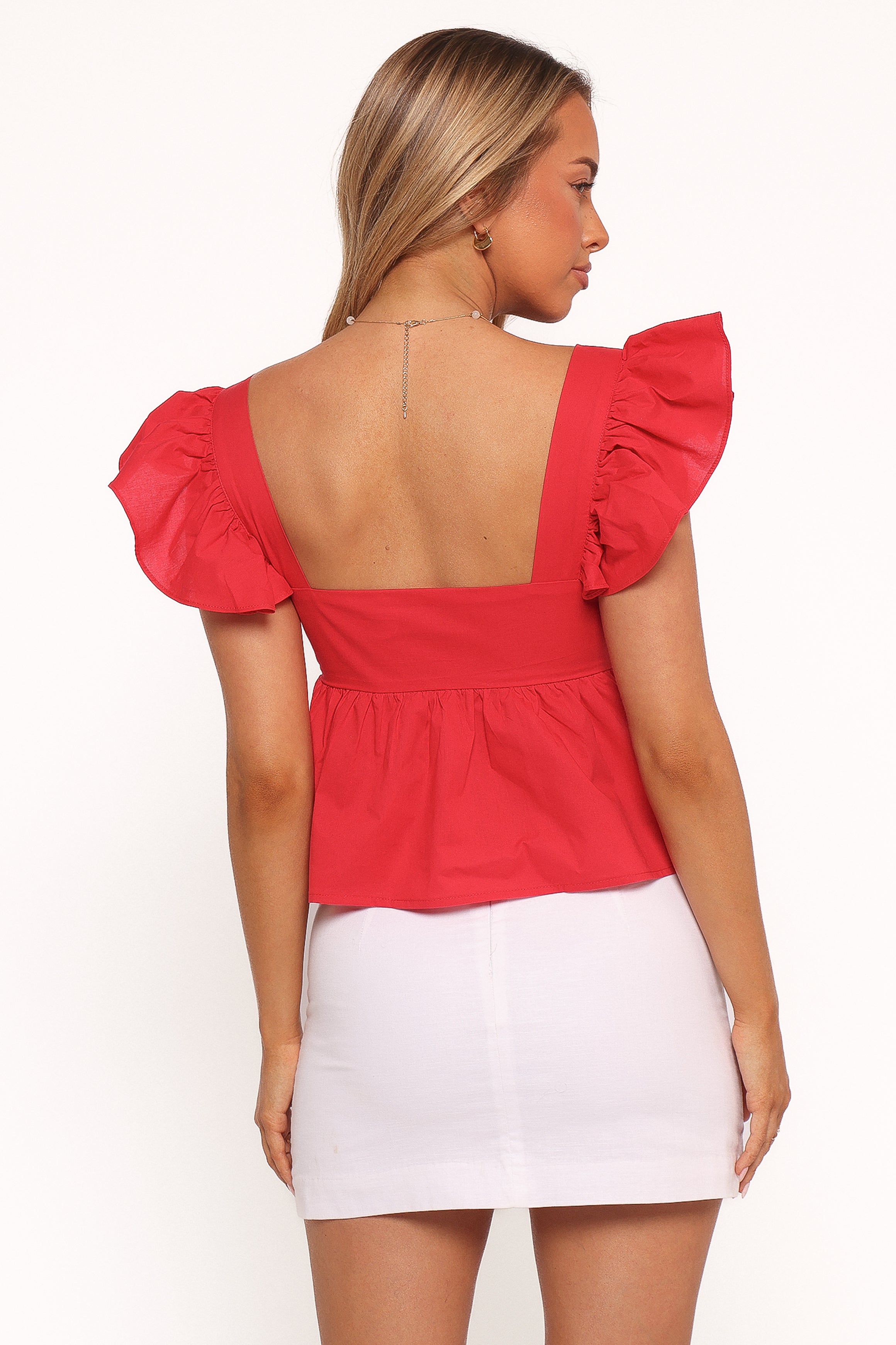 Red Cotton Sweetheart Neckline Ruffle Top with Peplum Hem