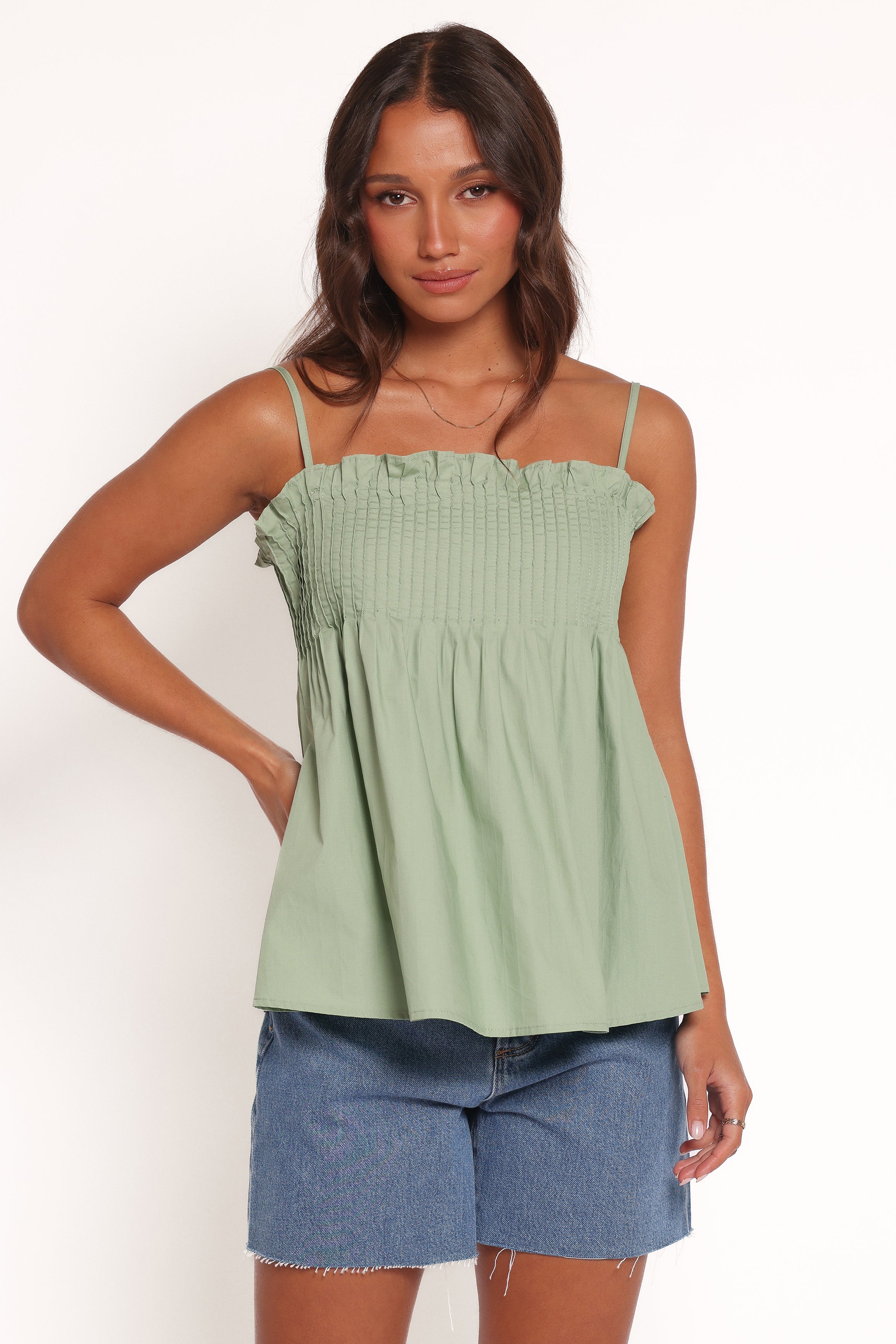 Carson Cotton Pleated Sleeveless Top with Frill Hem - Sage Green