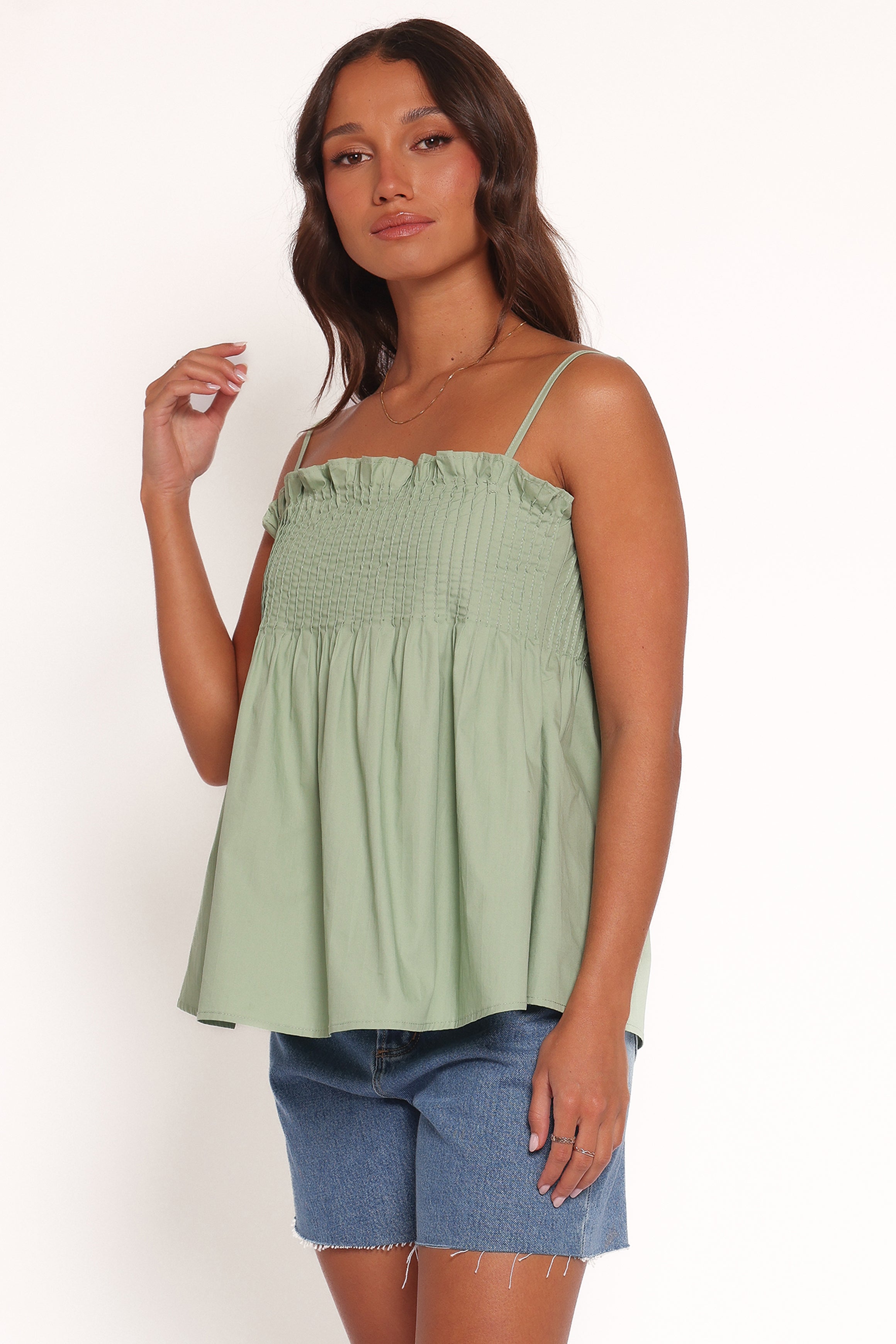 Carson Cotton Pleated Sleeveless Top with Frill Hem - Sage Green