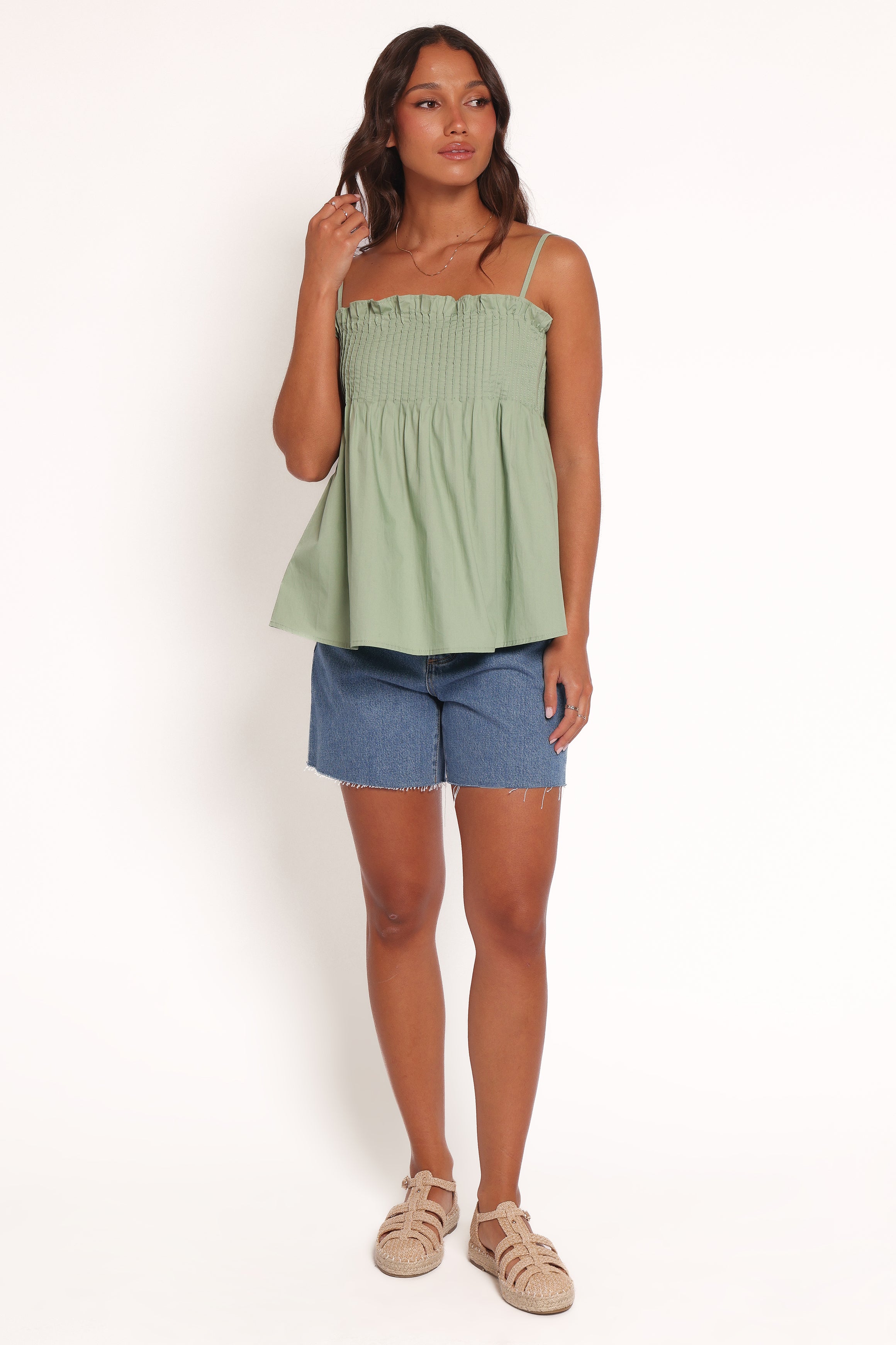Carson Cotton Pleated Sleeveless Top with Frill Hem - Sage Green