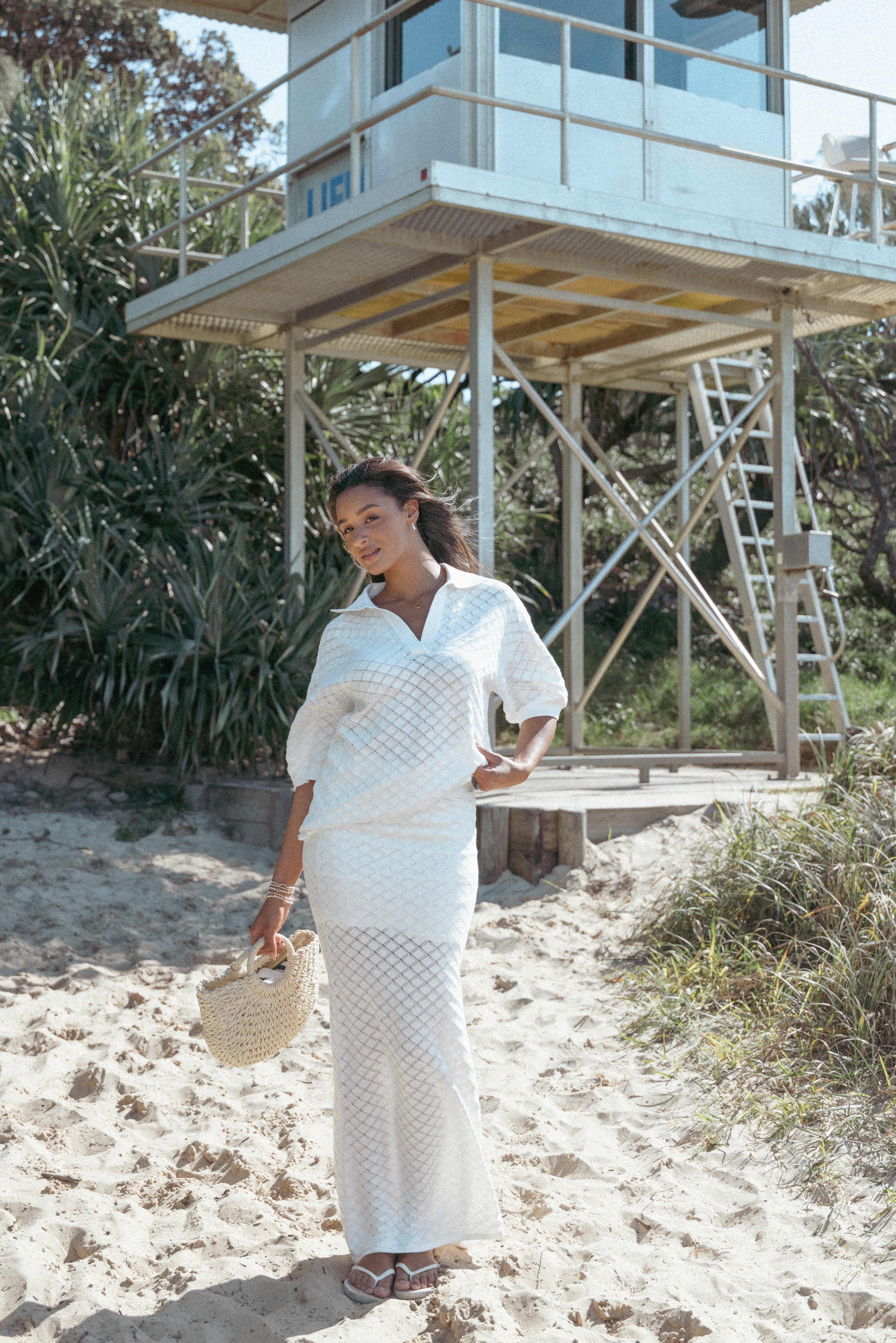 Meera White Cotton Knit Top with V-Neck & Short Sleeves