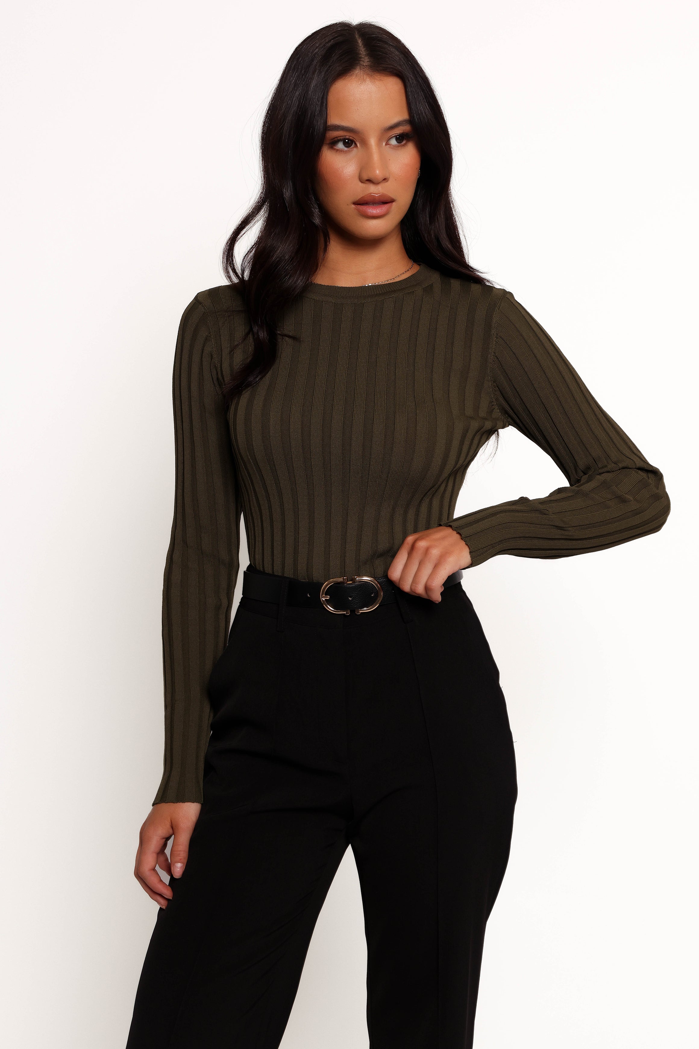 Aneesa Ribbed Knit Top - Dark Olive Long Sleeve Women's Blouse
