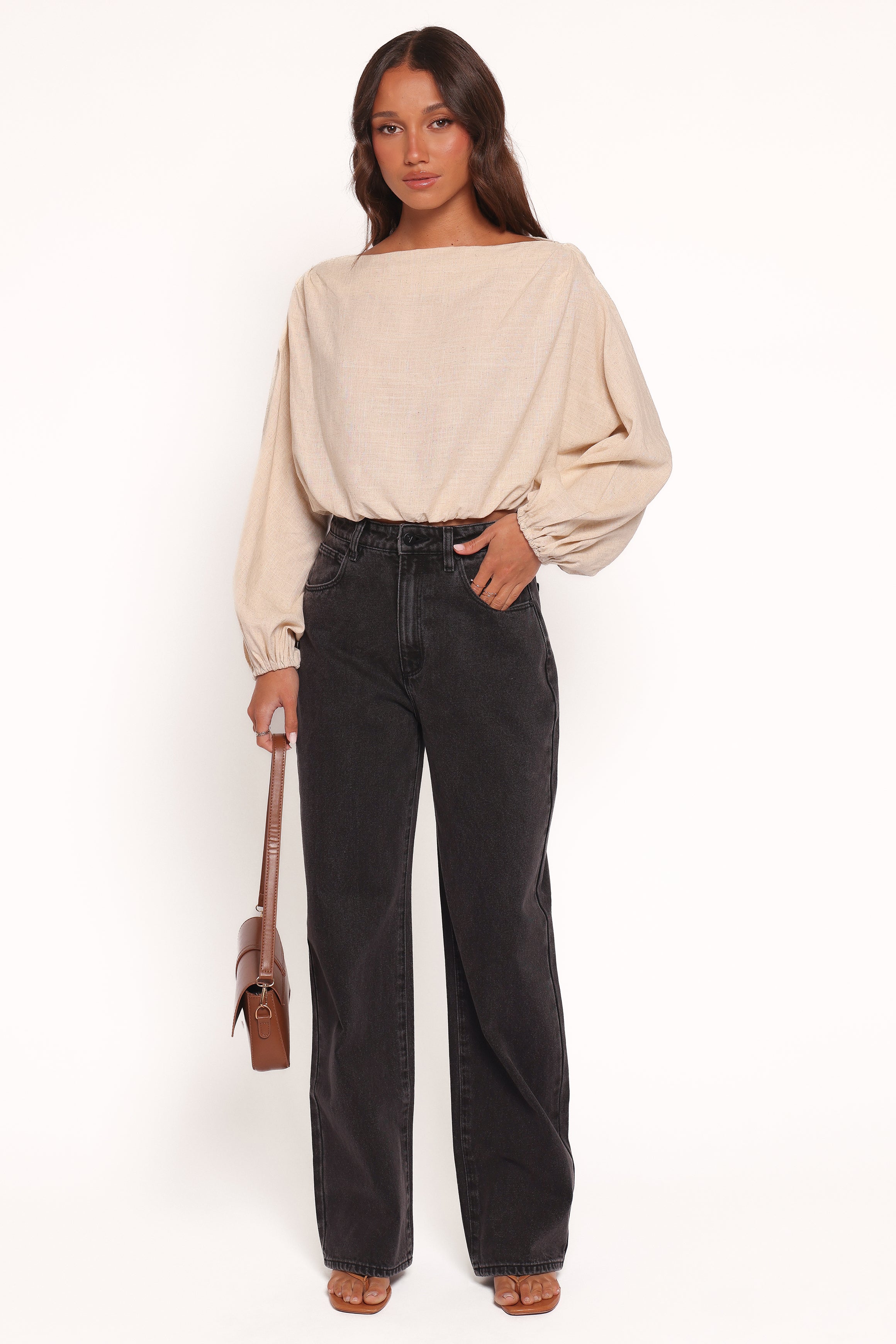 Zara One Shoulder Long Sleeve Cropped Top - Stone
