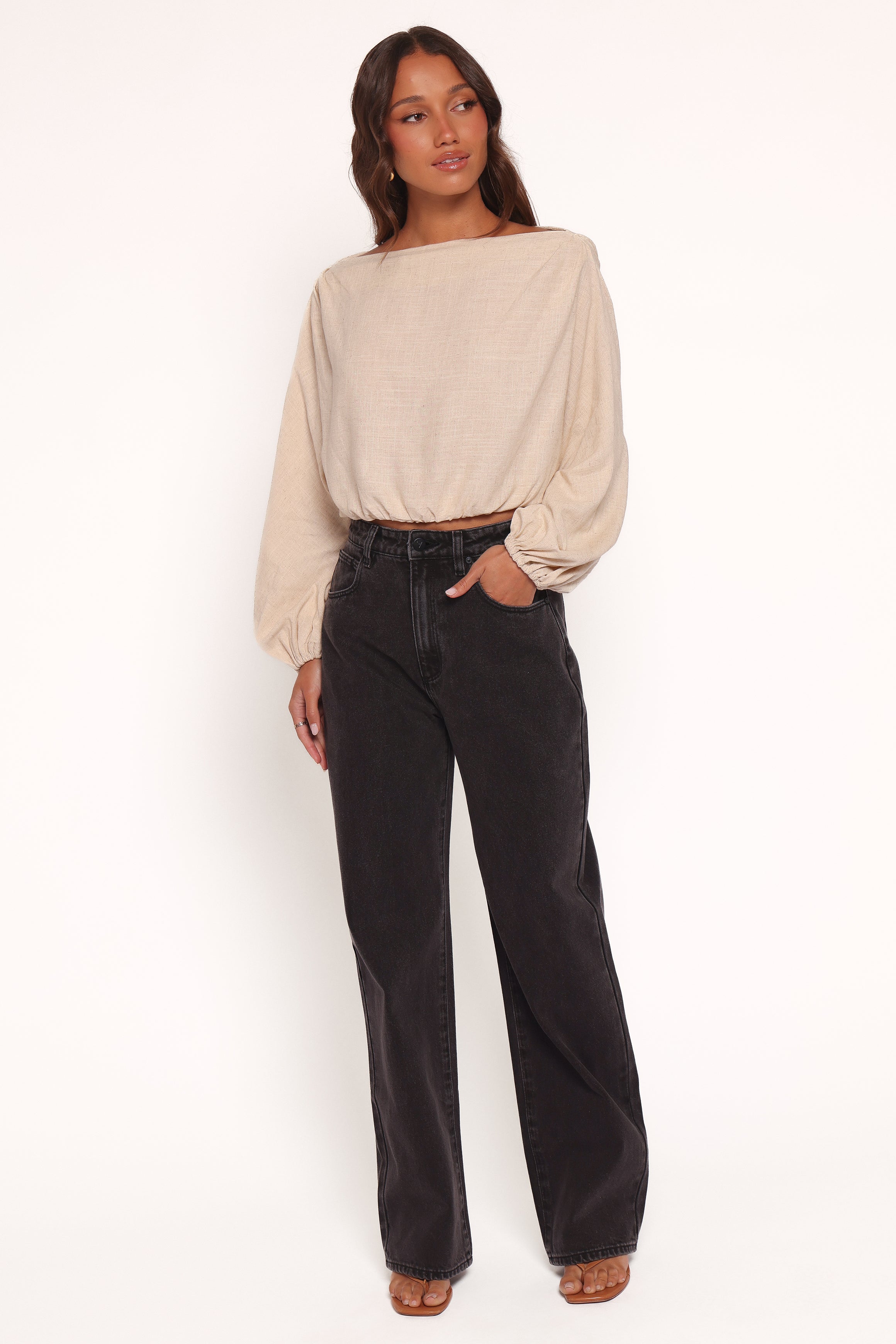 Zara One Shoulder Long Sleeve Cropped Top - Stone