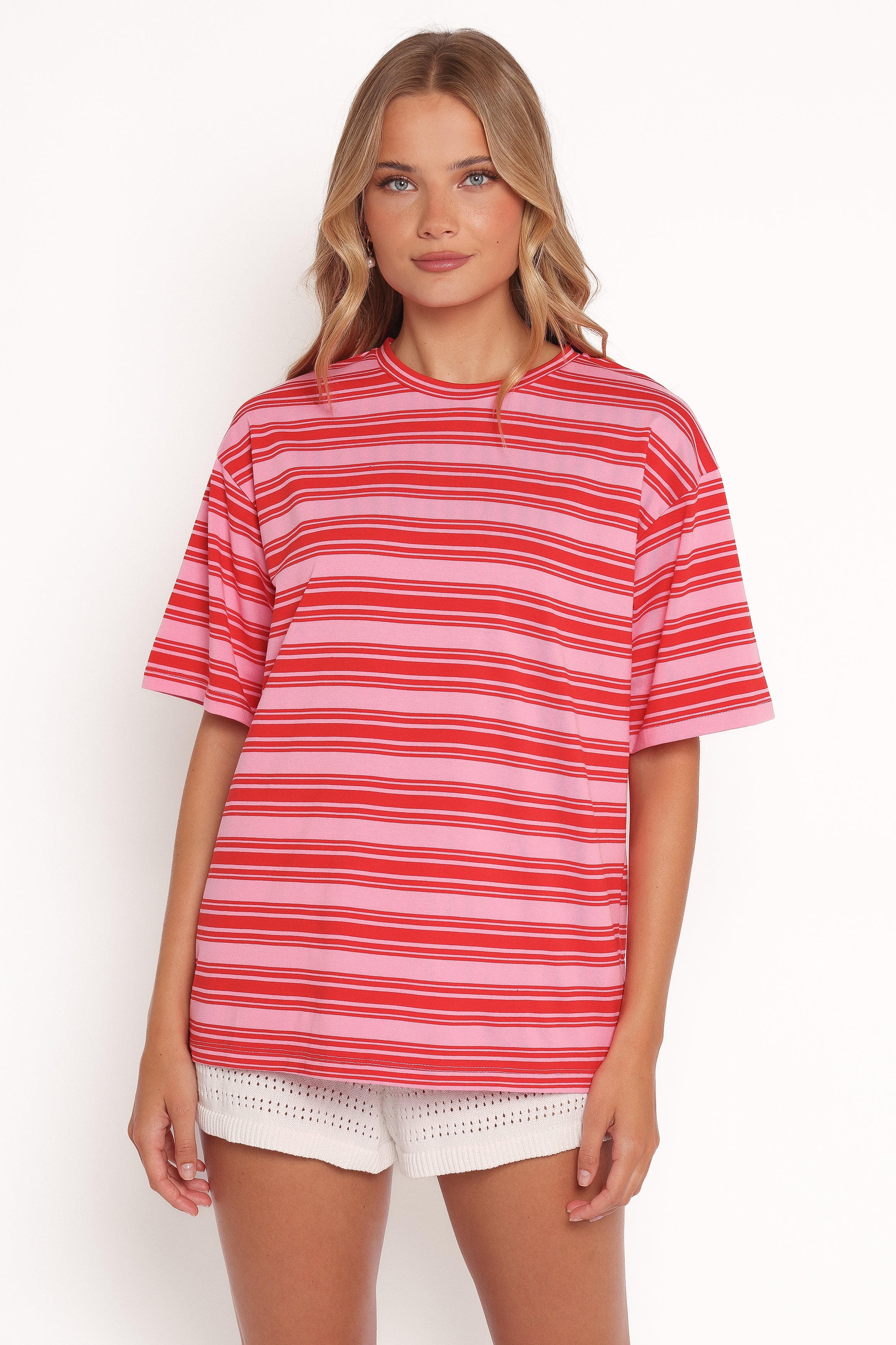 Zestora Oversized Pink Red Stripe Tee - Cotton Blend Crewneck