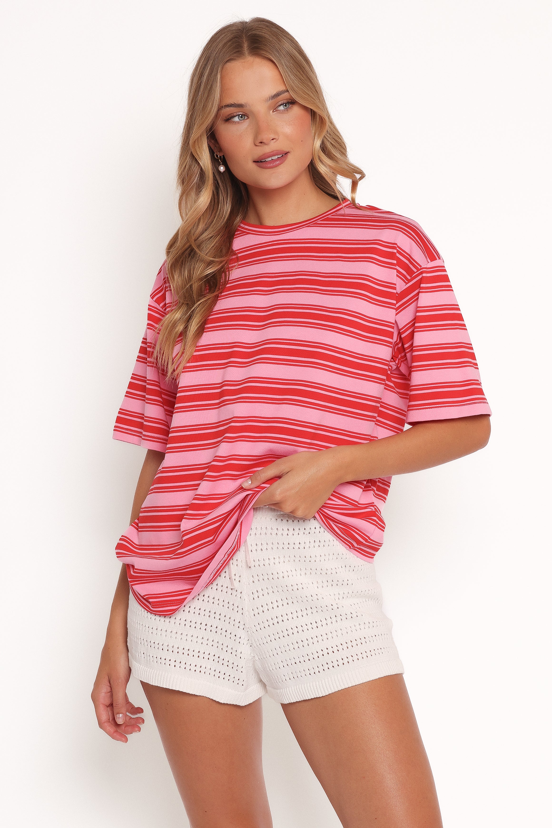 Zestora Oversized Pink Red Stripe Tee - Cotton Blend Crewneck