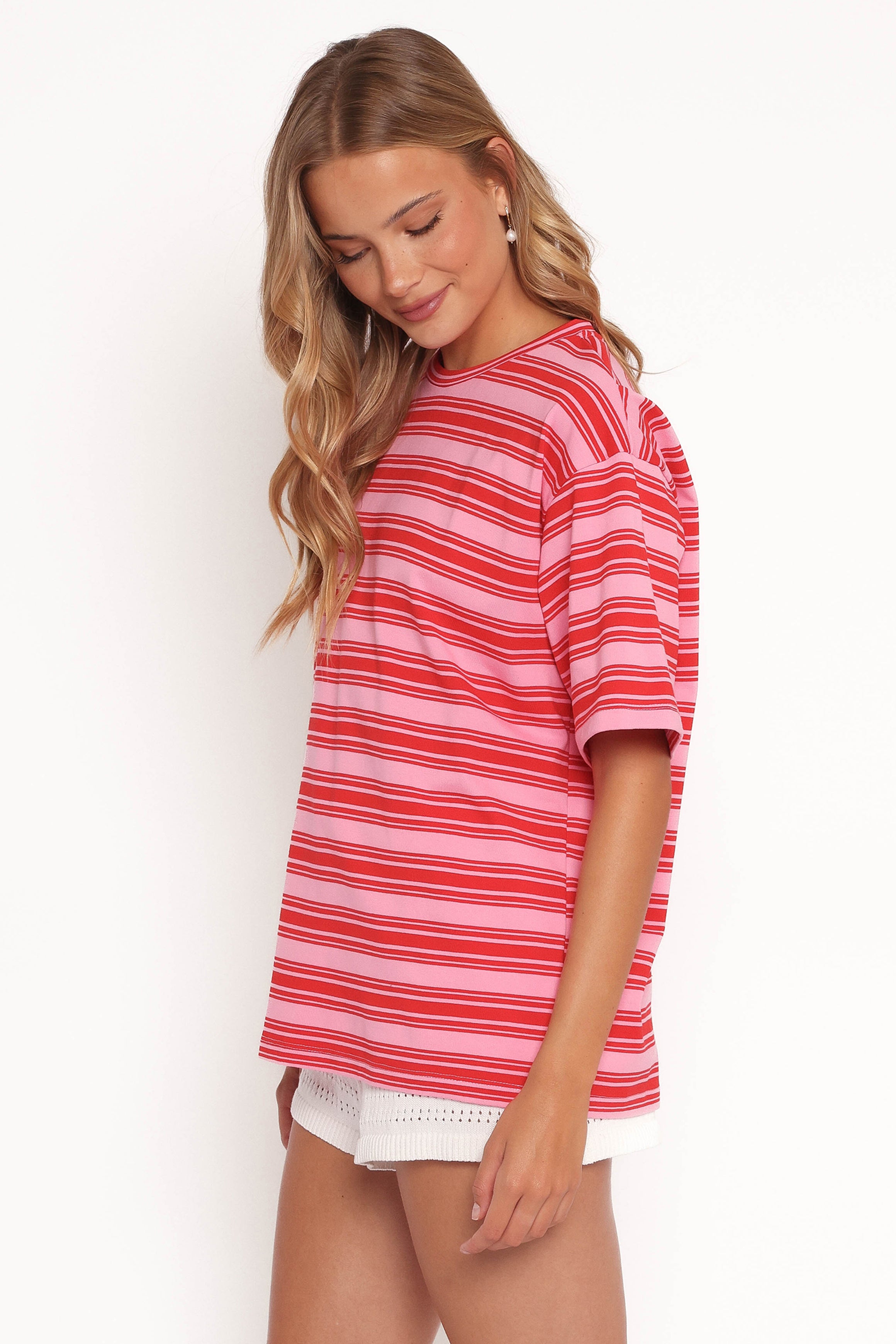 Zestora Oversized Pink Red Stripe Tee - Cotton Blend Crewneck