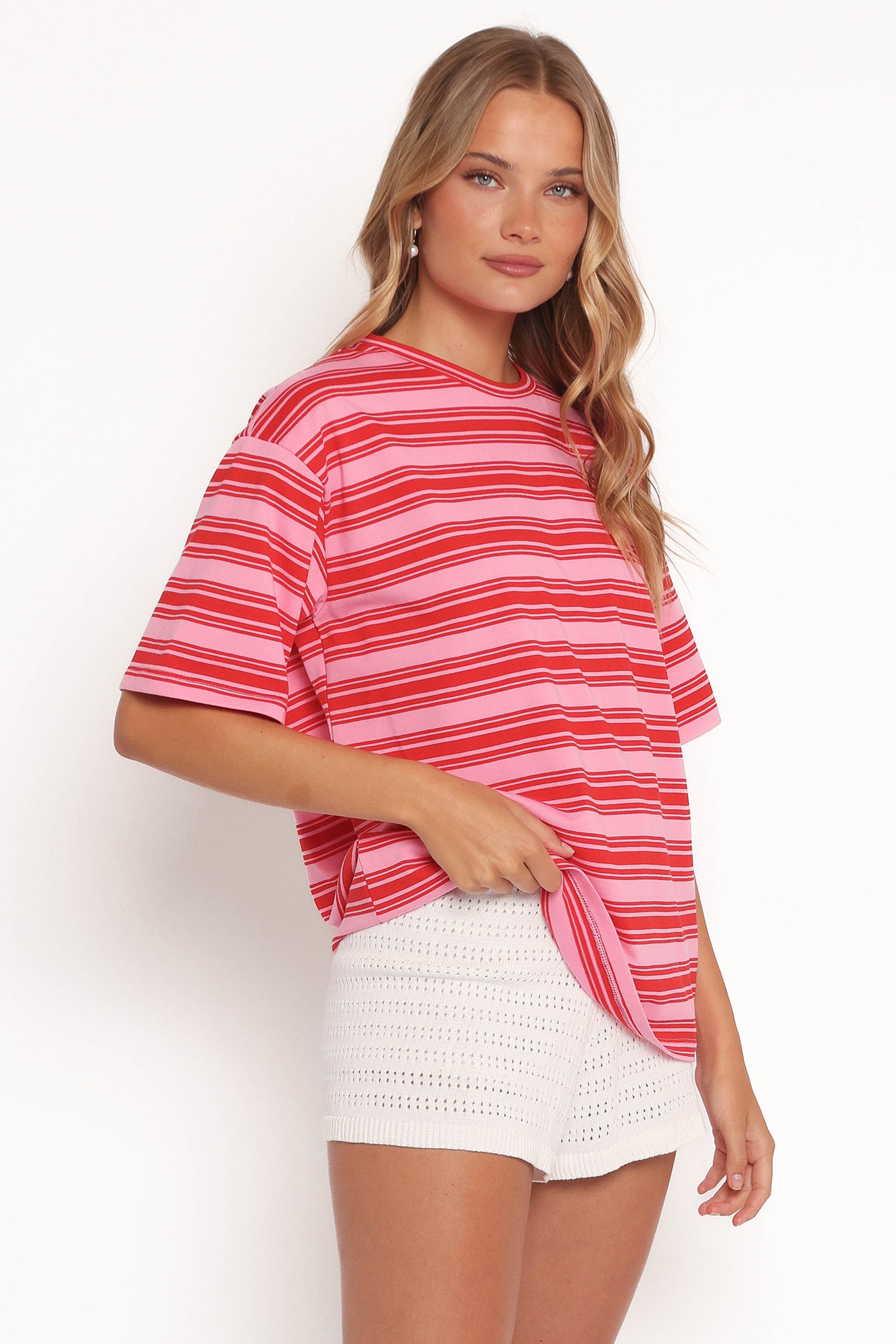 Zestora Oversized Pink Red Stripe Tee - Cotton Blend Crewneck