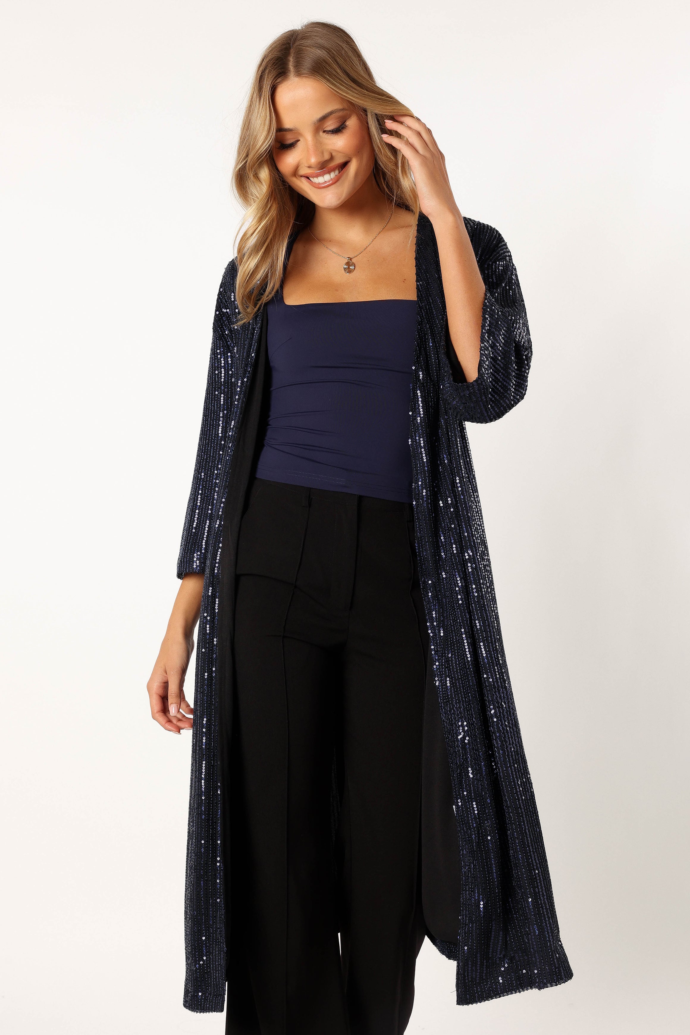 Navy Sequin Duster Coat - Karsyn Open Front Longline Jacket