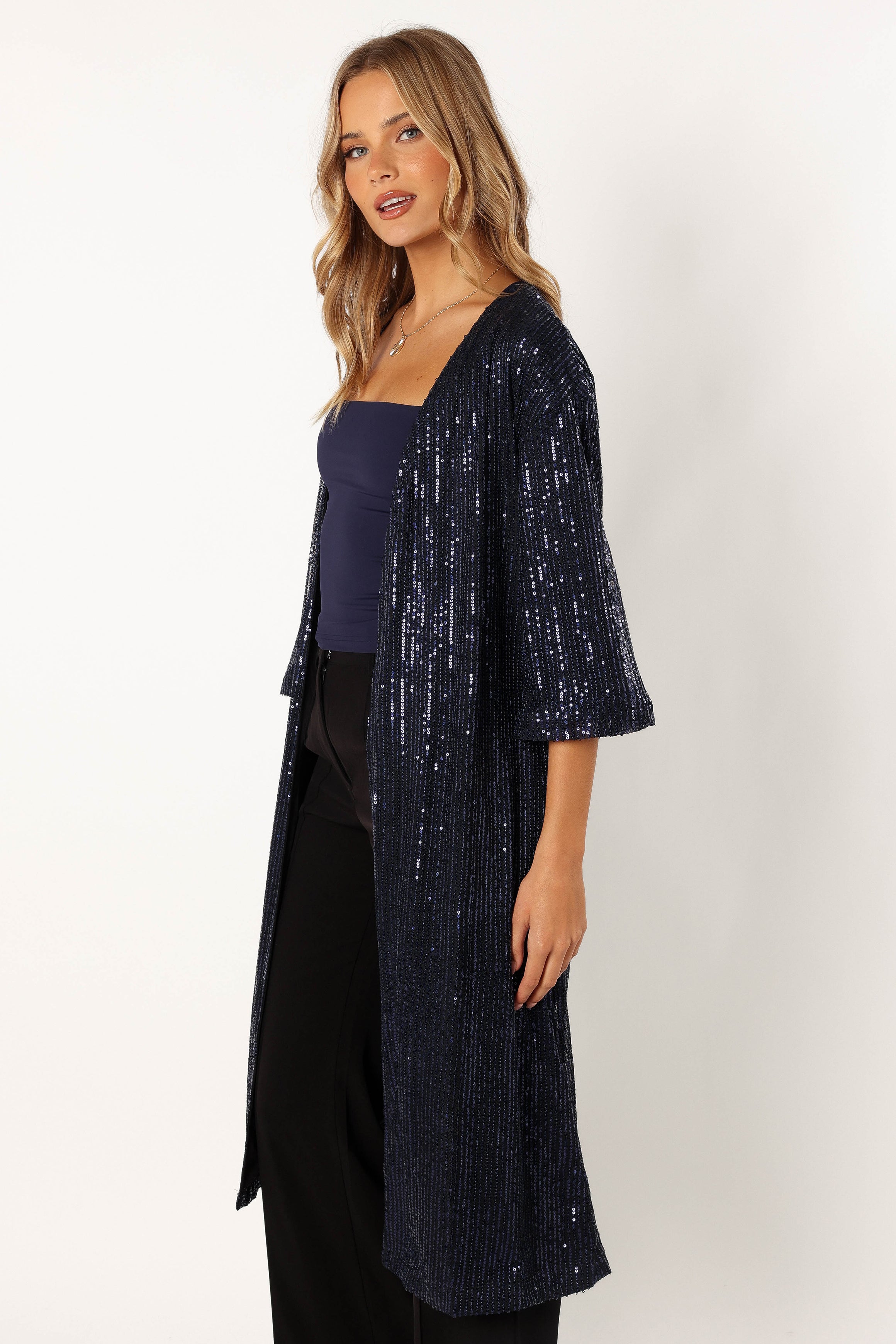 Navy Sequin Duster Coat - Karsyn Open Front Longline Jacket