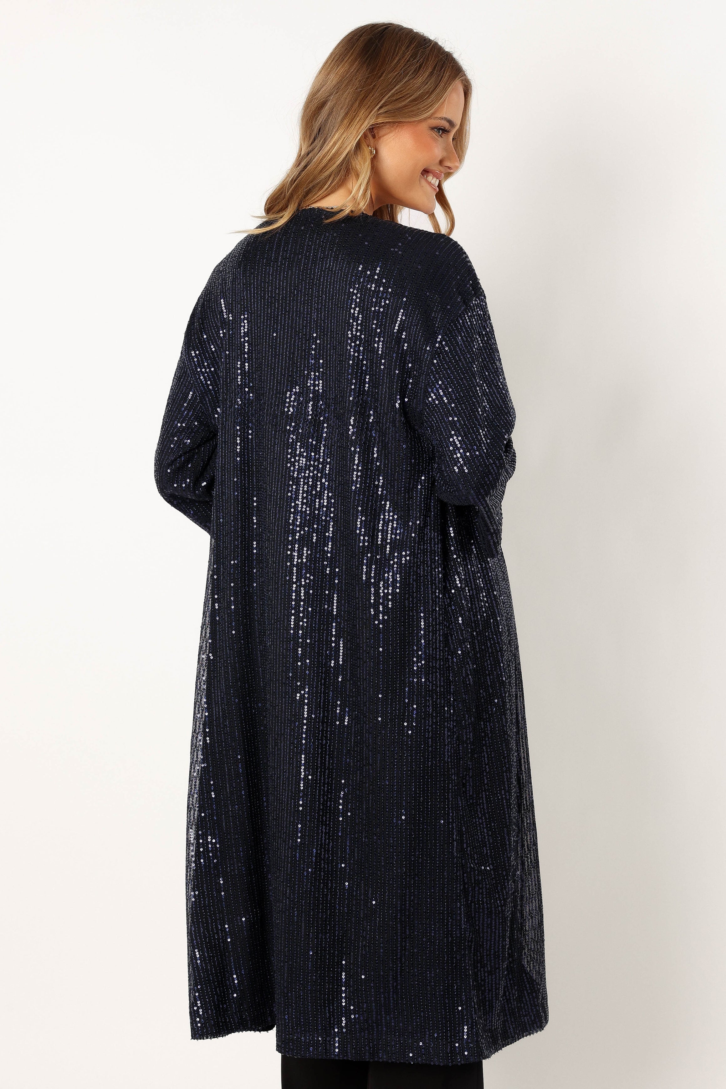Navy Sequin Duster Coat - Karsyn Open Front Longline Jacket
