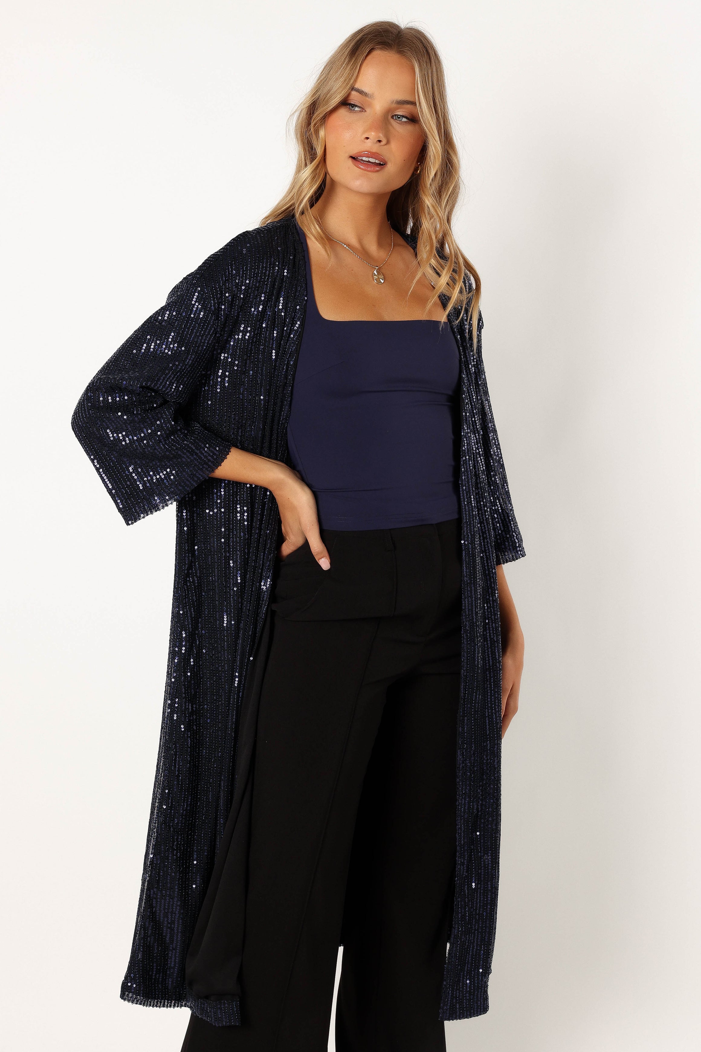 Navy Sequin Duster Coat - Karsyn Open Front Longline Jacket