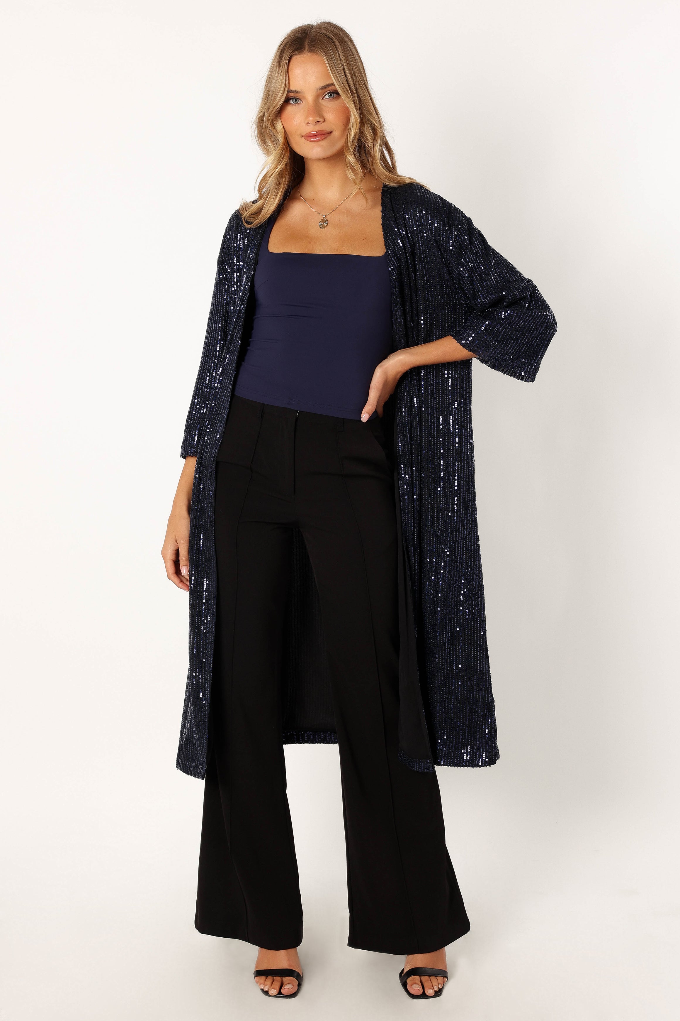 Navy Sequin Duster Coat - Karsyn Open Front Longline Jacket