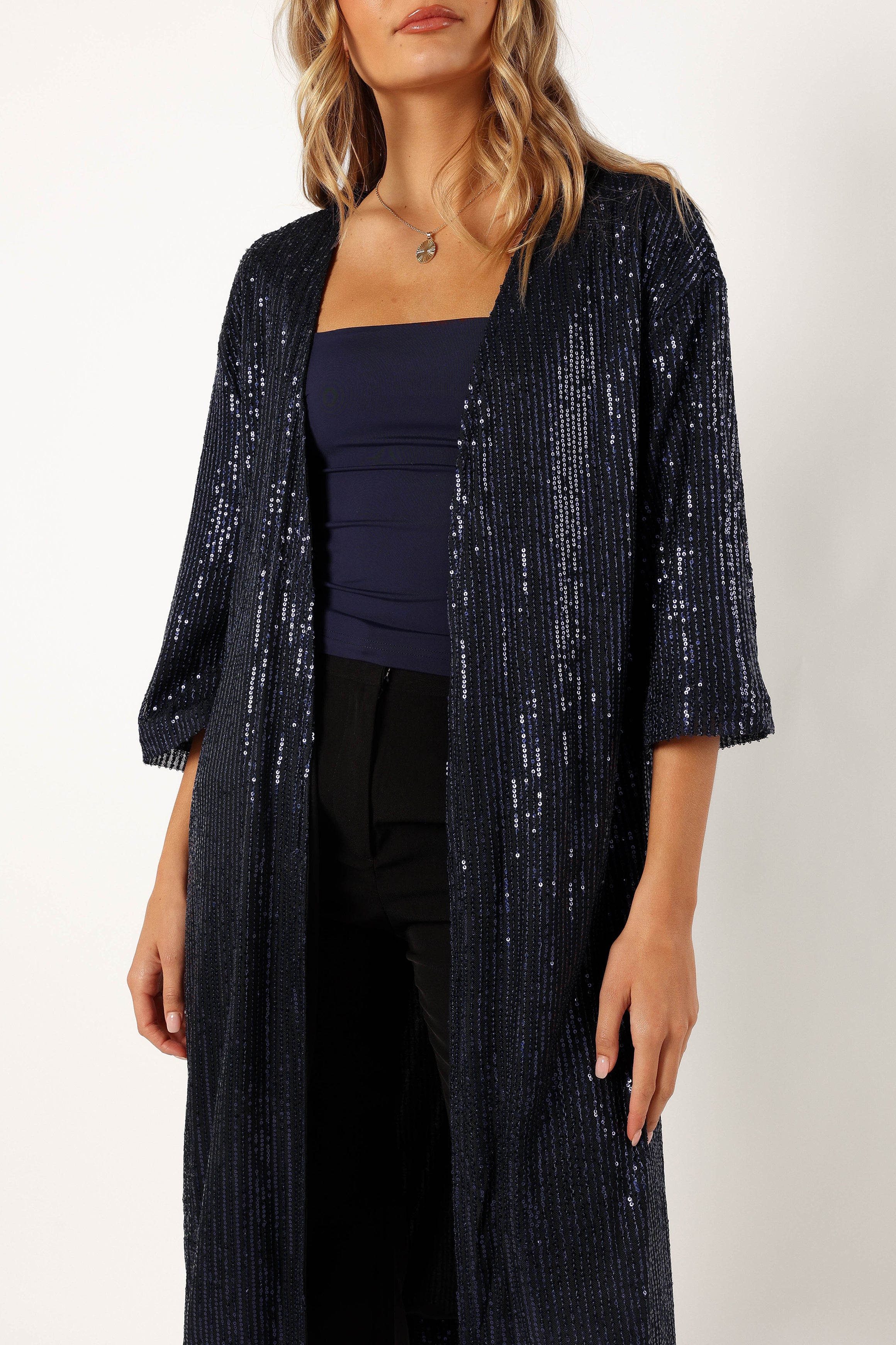 Navy Sequin Duster Coat - Karsyn Open Front Longline Jacket