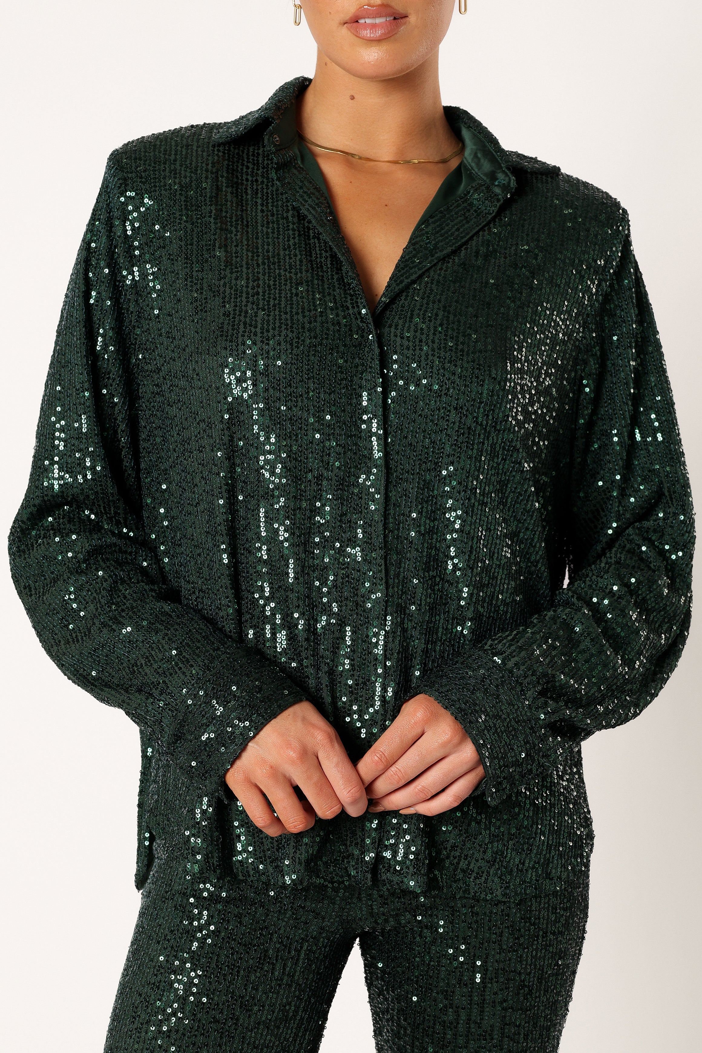 Hunter Green Sequin Two-Piece Pant Set with Flare Legs