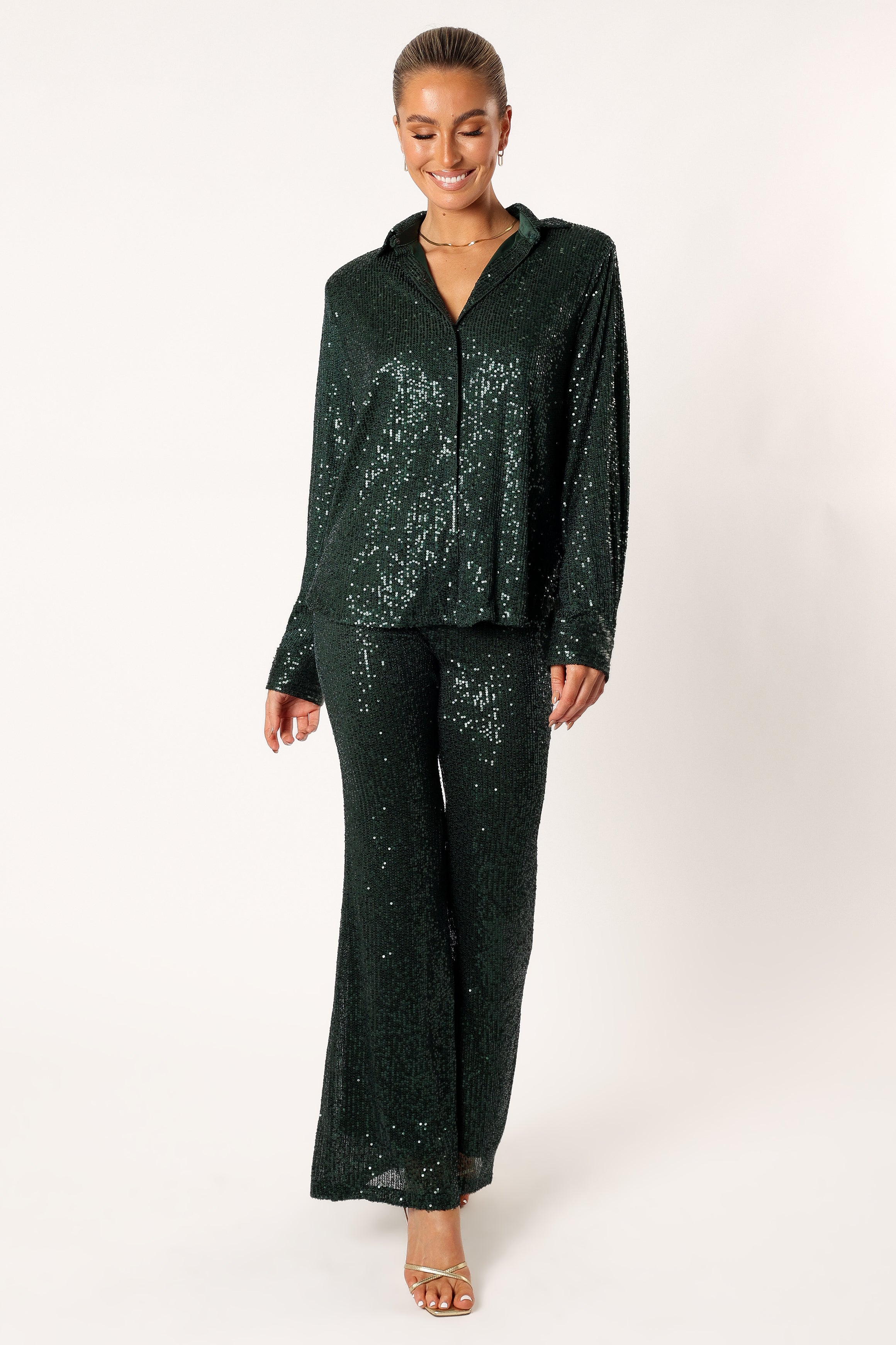 Hunter Green Sequin Two-Piece Pant Set with Flare Legs