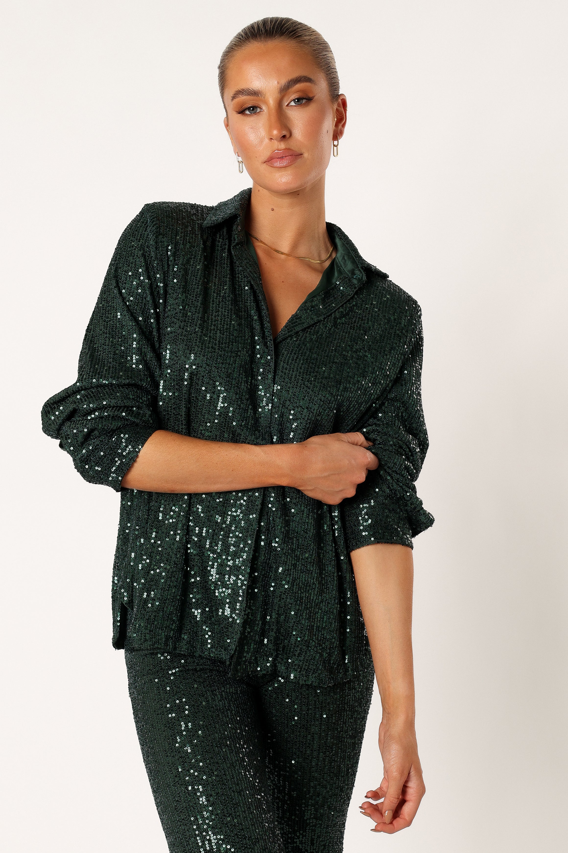 Hunter Green Sequin Two-Piece Pant Set with Flare Legs