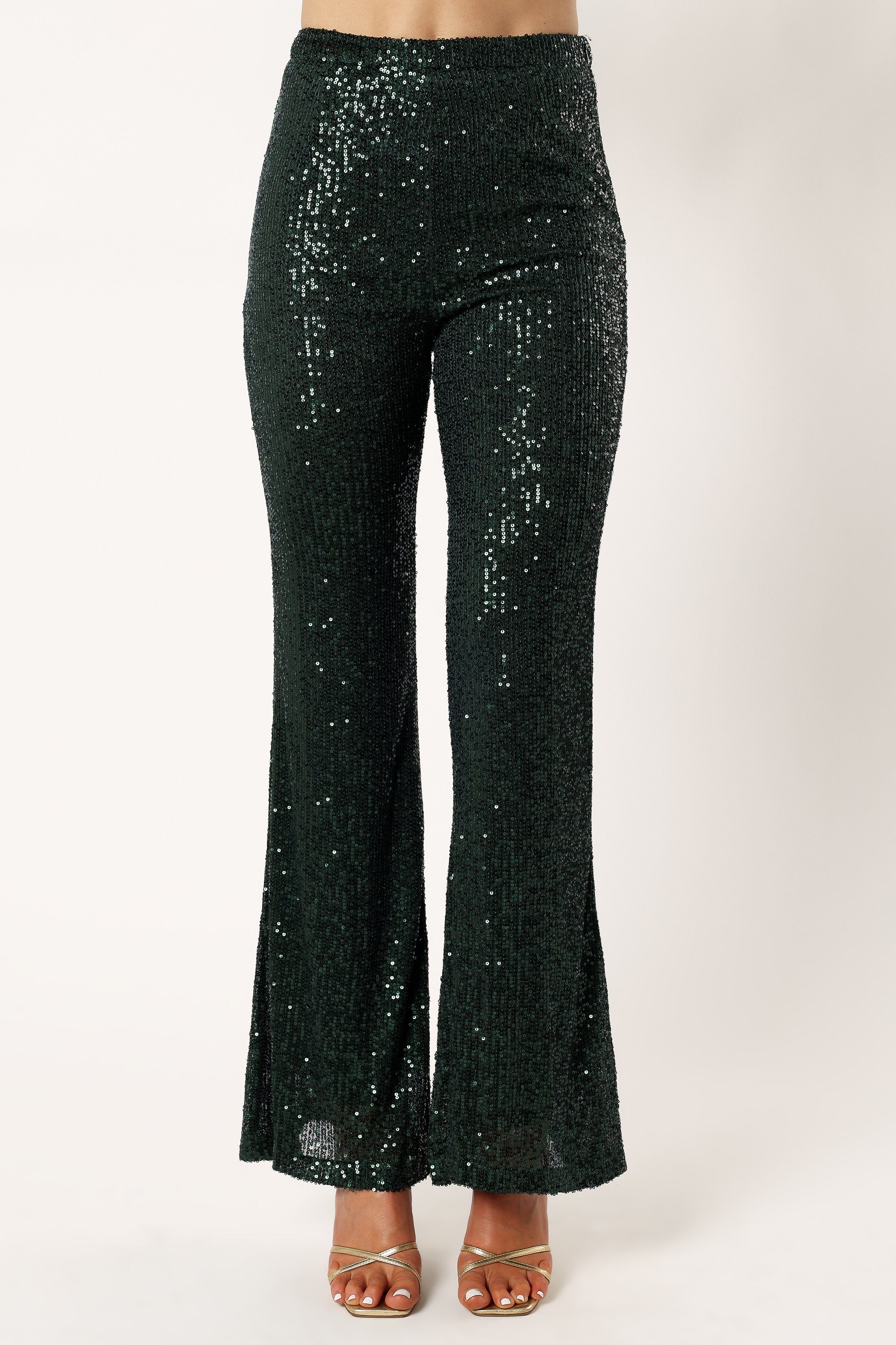 Hunter Green Sequin Two-Piece Pant Set with Flare Legs